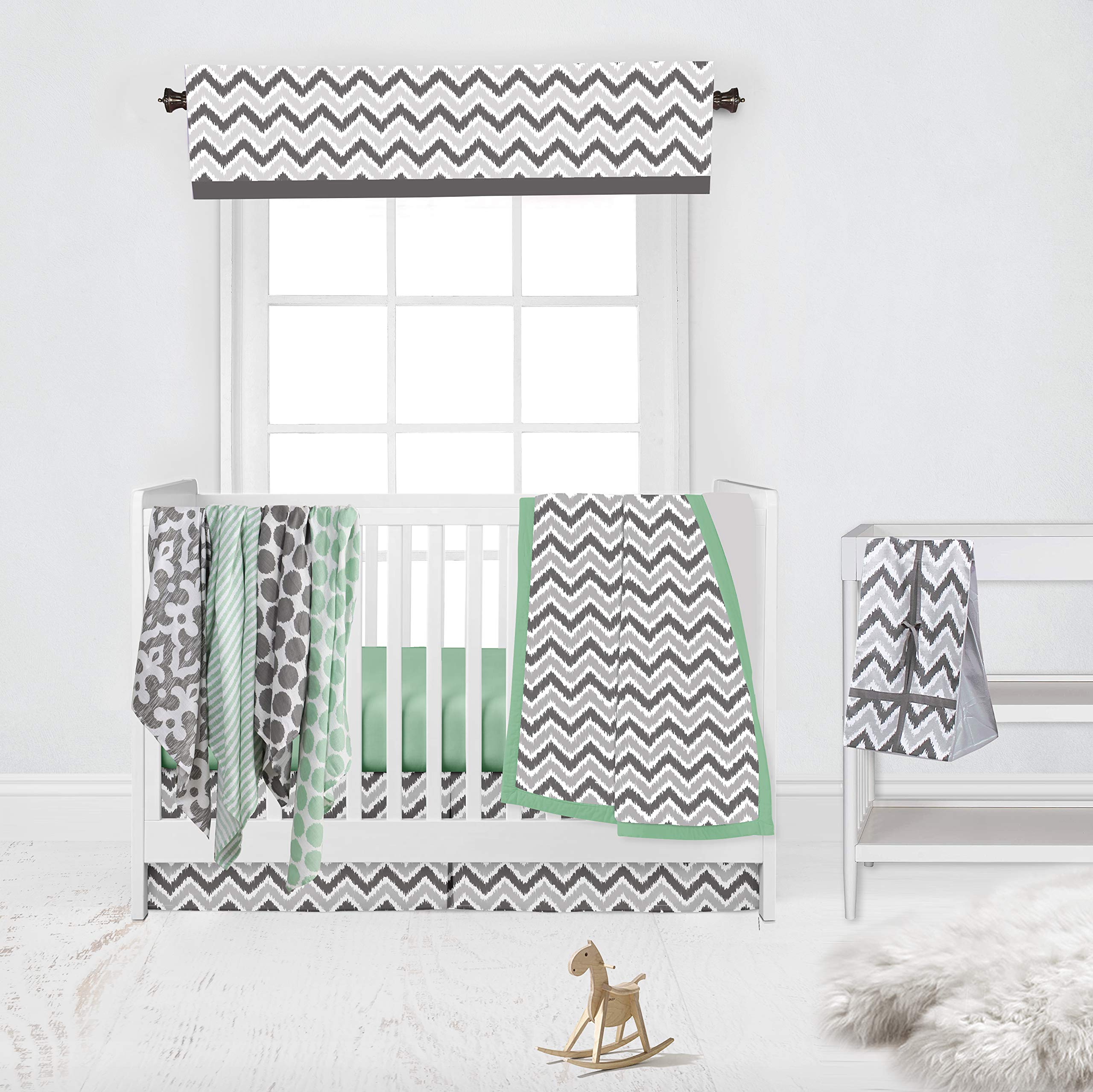 Bacati 10-Piece Neutral Crib Set with 4 Muslin Swaddling Blankets - Mint & Grey Ikat Chevron Pattern for Standard US Crib | Soft Baby Bedding for Nursery, Swaddle Newborns & Toddler Sleep Comfort