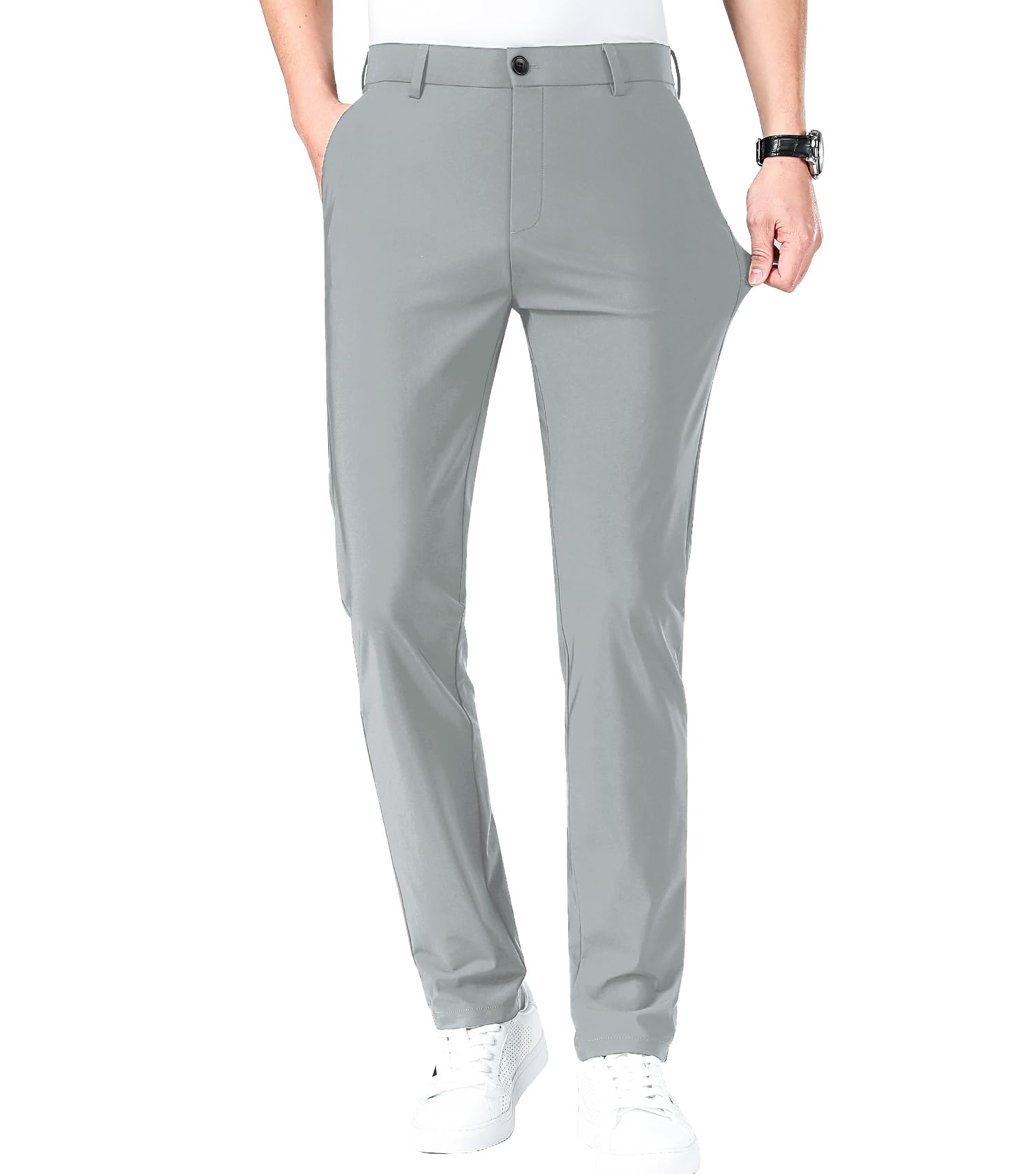 LUSHENUNI Men's Slim Fit Stretch Golf Pants - Breathable Ice Silk Dress Pants with Expandable Waist for Comfort & Mobility | Perfect for Golfing, Office Wear & Casual Outings