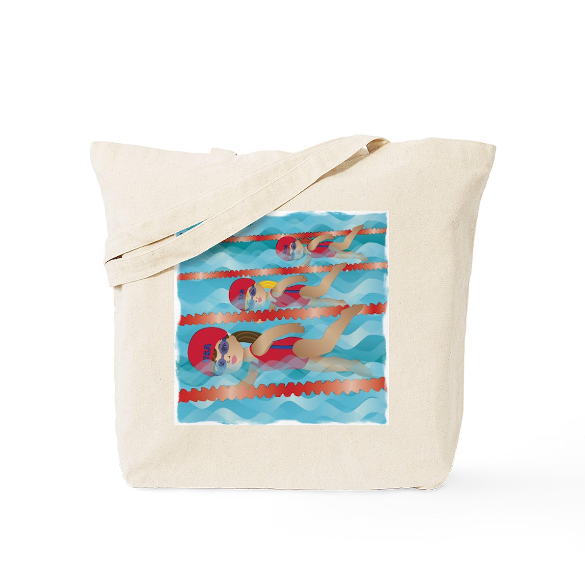 **Little Swimmer Girls Tote Bag - Natural Canvas Reusable Shopping Bag for Beach, Pool & Travel | Eco-Friendly & Durable**
