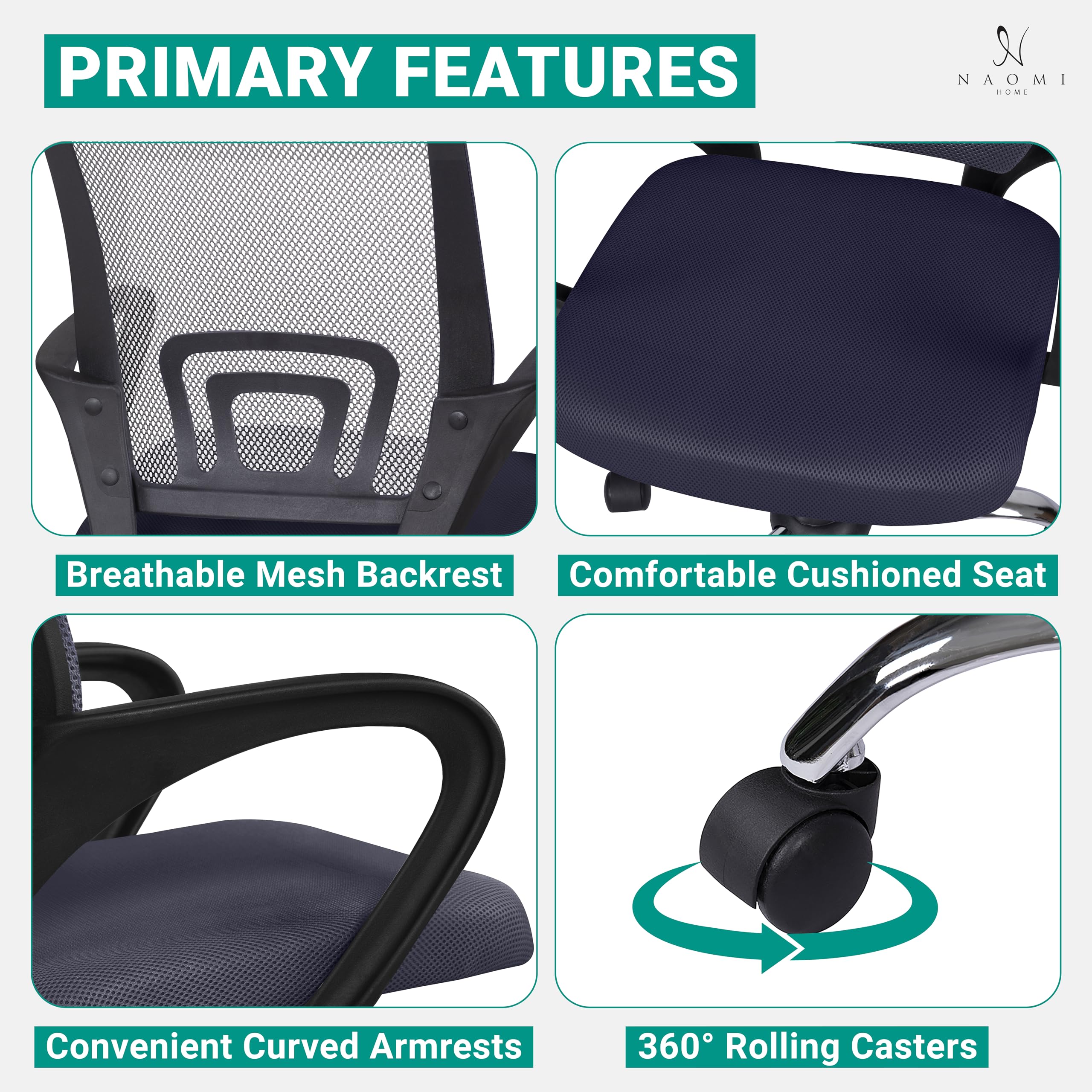 Ergonomic Office Chair with Adjustable Lumbar Support - Comfortable Swivel Rolling Desk Chair for Home & Office, White Executive Computer Chair for Small & Tall Desks - Perfect for Remote Work, Gaming, and Long Study Sessions - Gray