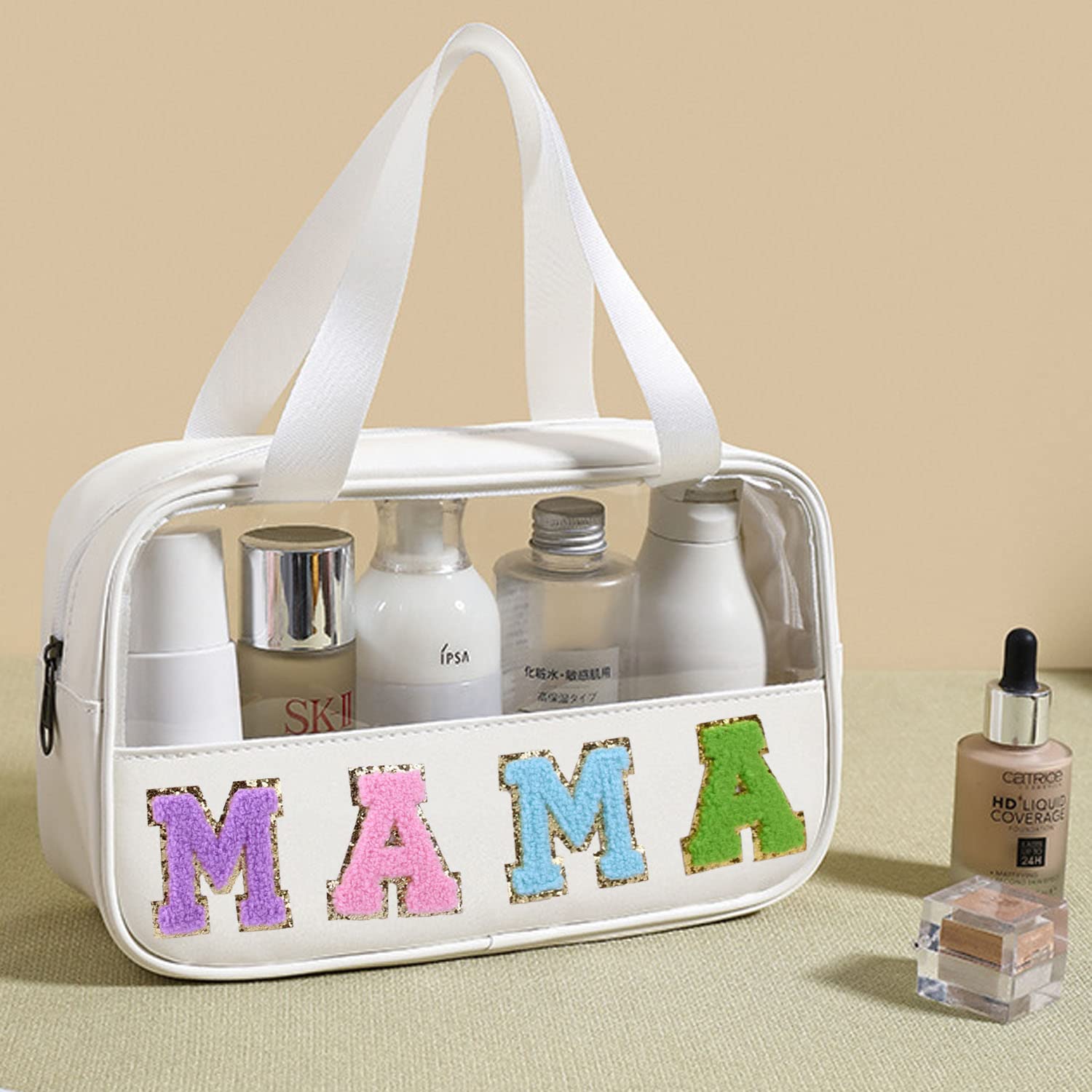 Waterproof Large Travel Cosmetic Bag - PU Leather & Clear PVC Makeup Organizer Toiletry Storage Tote for Women | Perfect for Airplane Carry-on, Gym Essentials & Daily Beauty Products (MAMA-White)