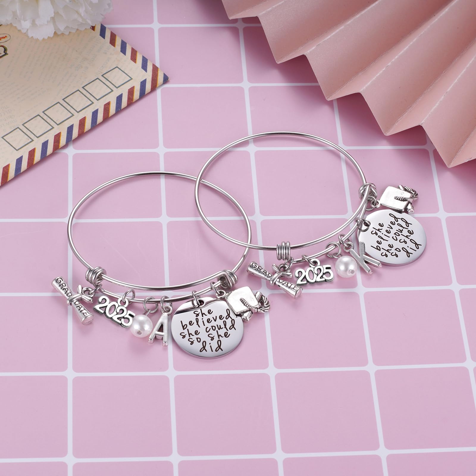 Ukodnus Class of 2025 Graduation Bracelet - Personalized 26 Initial Charm Bracelet for High School & College Graduates - Inspirational Gift for Her - Perfect for Graduation Ceremonies, Senior Week & Alumni Celebrations