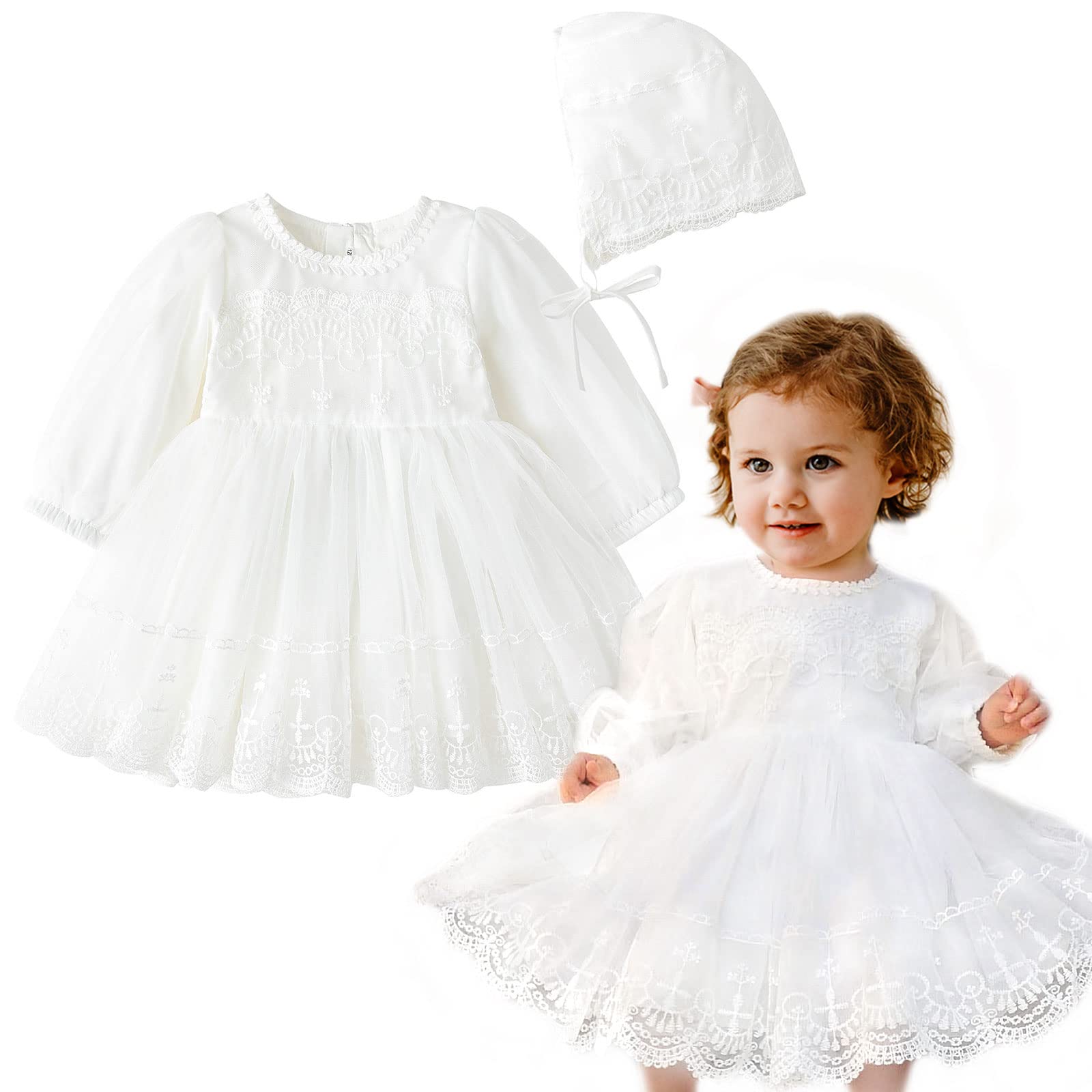 Curipeer Baby Girl White Christening Dress - Newborn Tulle Party Gown for Special Occasions, Baptism & First Birthday Celebrations