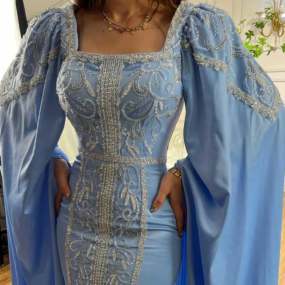 Elegant Blue Mermaid Evening Gown with Cape Sleeves for Muslim Women - LA72050 | Perfect for Weddings, Parties & Special Occasions
