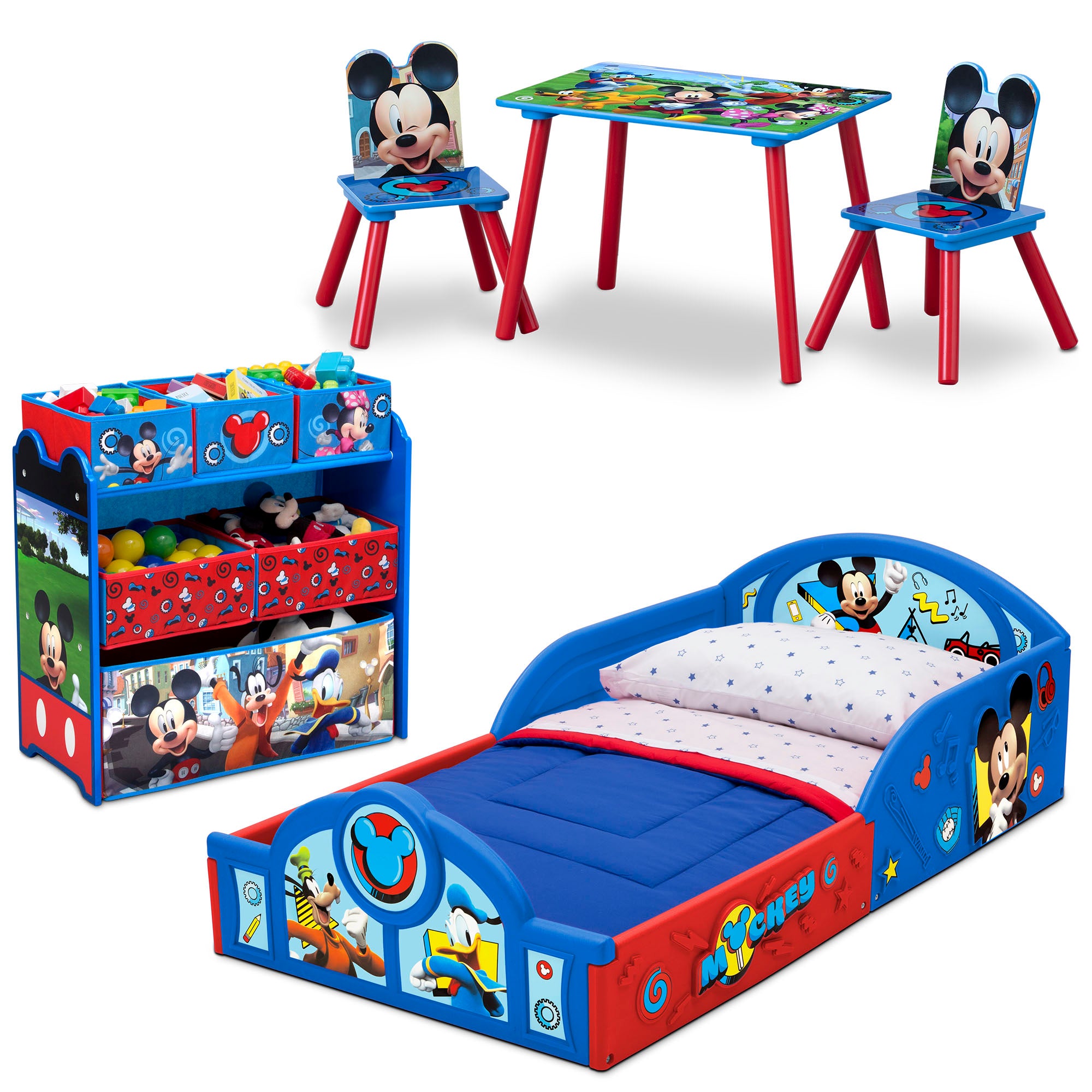 Disney Mickey Mouse 5-Piece Toddler Bedroom Set - Toddler Sleep & Play Bed, Table with 2 Chairs, 6-Bin Toy Organizer - Perfect for Kids' Room Decor & Playtime Organization