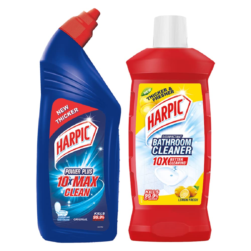 Harpic Disinfectant Toilet Cleaner Original 1L & Bathroom Cleaner Lemon 1L - Powerful Germ-Killing Formula for Sparkling Clean Toilets & Bathrooms - Ideal for Home, Hotel & Office Use