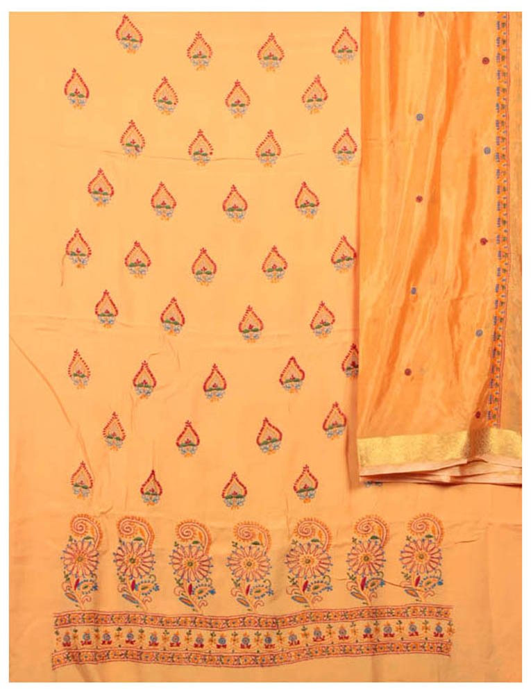Exotic India Pumpkin Orange Salwar Kameez Fabric with Lukhnavi Chikan Embroidery - Elegant Traditional Indian Outfit for Festivals, Weddings & Special Occasions