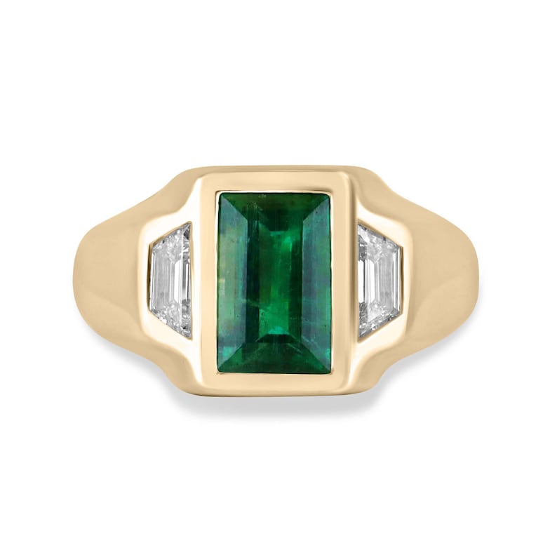 3.30tcw 18K Gold Men's Ring with Dark Rich Green Emerald & Cadillac Diamonds - Unisex Three Stone Jewelry for Weddings, Engagements & Special Occasions