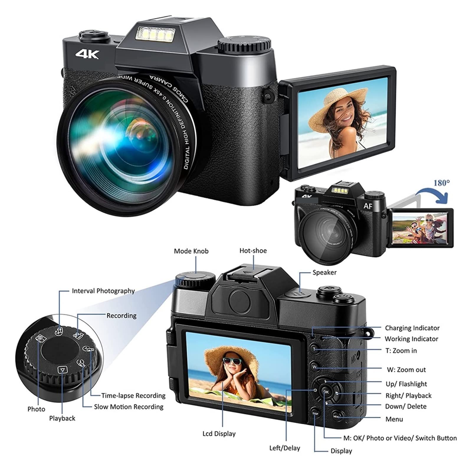 4K Flip Screen Camera - 48MP Vlog Camcorder with Macro Lens for YouTube & Travel