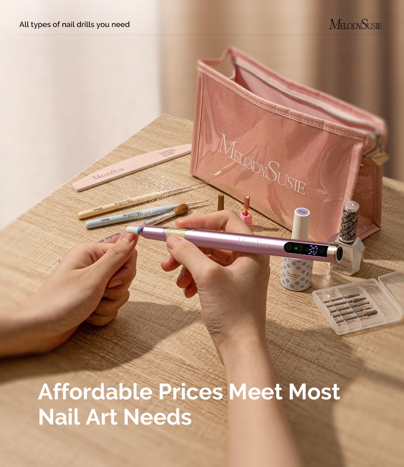MelodySusie PM180G Cordless Electric Nail Drill - 30000RPM Professional Manicure & Pedicure Kit with Drill Bits & Ultra Fine Sanding Bands | Portable Nail File for Women | Perfect for Home Salon, Nail Art & DIY Nail Care (Pink)