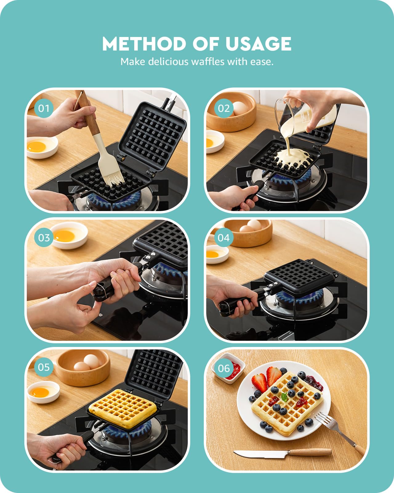 Baffect 5.7 Inch Non-Stick Cast Aluminum Stovetop Waffle Maker - Portable Camping Waffle Iron Pan for Family Breakfast, Baking & Outdoor Cooking - Perfect for RV Trips, Picnics & Home Use