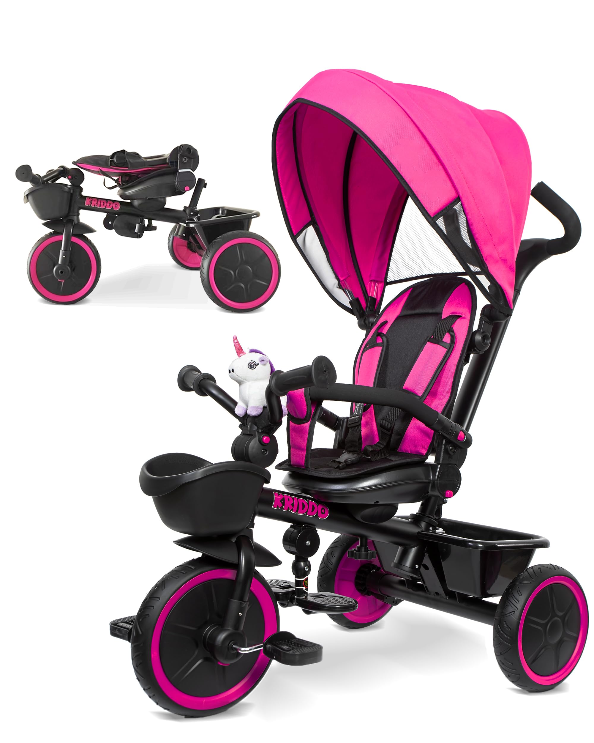 KRIDDO 7-in-1 Convertible Tricycle Stroller for Toddlers 18 Months to 5 Years - Adjustable Push Handle, 360° Rotating Seat, Removable Canopy & Cup Holder - Foldable Baby Trike with Detachable Guardrail & Footrest - Perfect for Park Rides, Neighborhood Walks & Outdoor Family Adventures