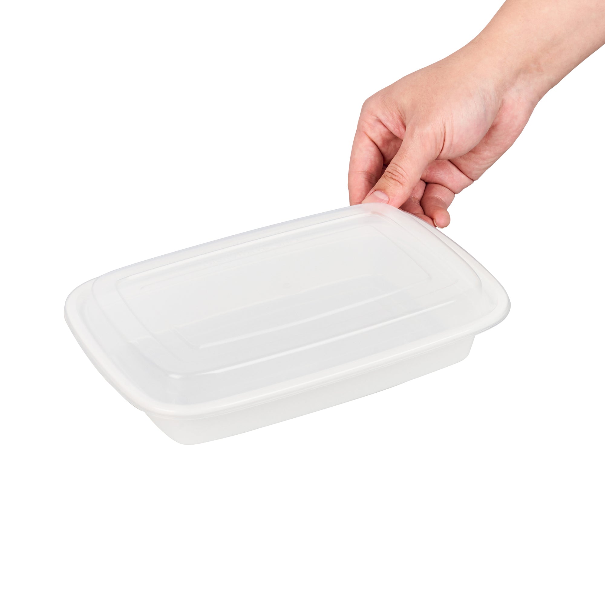 28 oz Rectangle White Plastic Food Storage Container with Clear Lid - Microwave Safe, 50-Pack (8.75