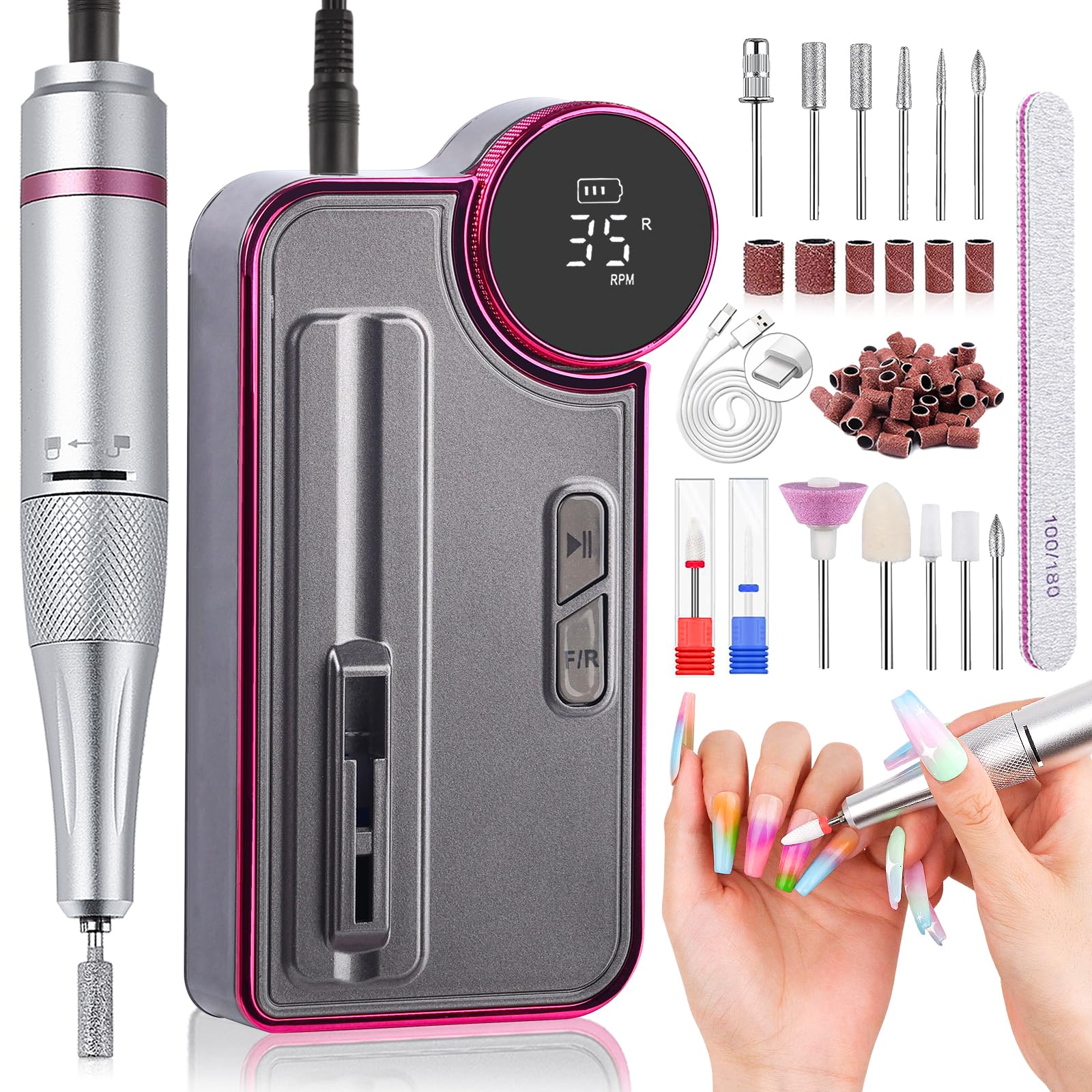 SAVILAND Professional Portable Electric Nail Drill Kit - 35000RPM Rechargeable Nail File Machine with 13 Drill Bits (Includes Ceramic Bit) for Home & Salon Manicure Pedicure | Grey & Purple Design | Perfect for DIY Nail Art, Acrylics & Gel Extensions