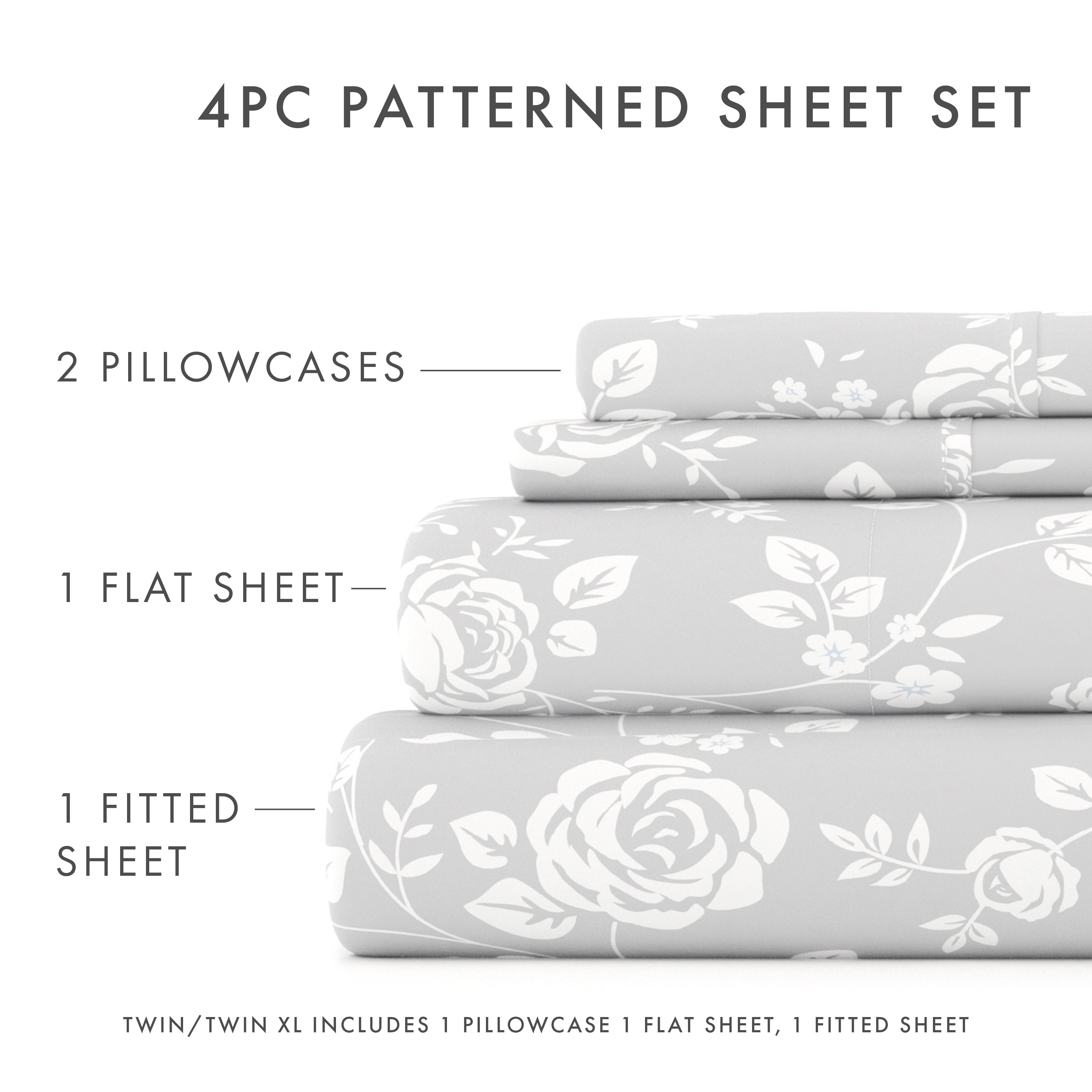Rose Gray Floral Print 4-Piece Queen Sheet Set - Soft & Breathable Bedding for Comfortable Sleep - Perfect for Master Bedroom, Guest Room & Dorm