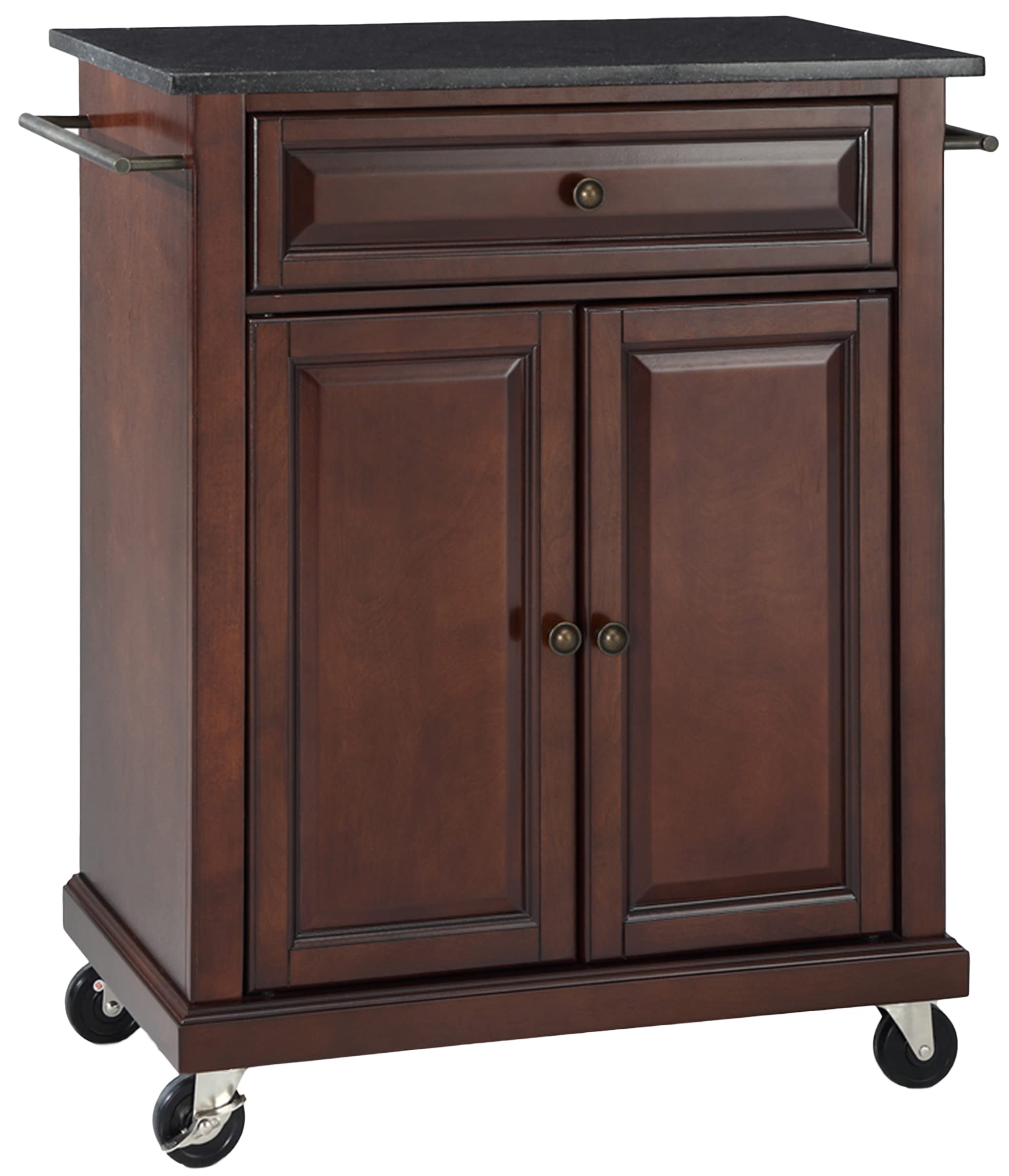 Crosley Compact Granite Top Rolling Cart with Shelves - Microwave Stand with Towel Rack, Mahogany Kitchen & Bathroom Organizer for Small Spaces