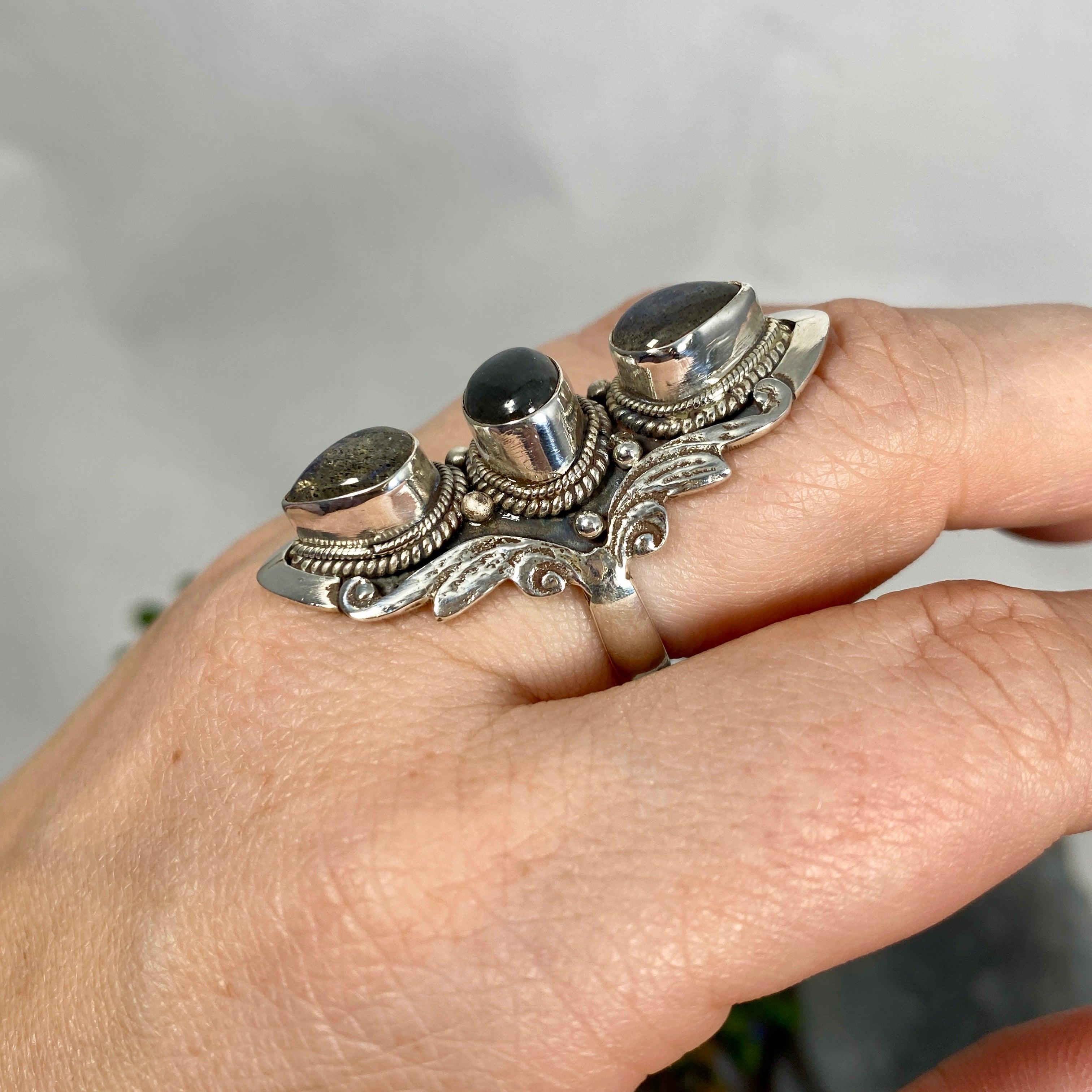 Boho Style Labradorite Multi-Stone Ring Size 7.5 - Handmade Sterling Silver Adjustable Statement Jewelry for Women, Perfect for Festivals, Weddings & Boho Fashion