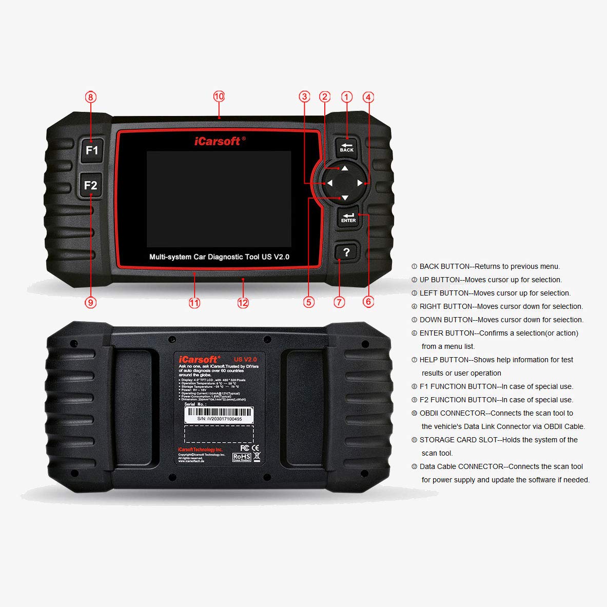 iCarsoft US V2.0 OBD2 Scanner - Professional Diagnostic Scan Tool for Ford, GM, Chevy, Buick, Cadillac, GMC, Chrysler, Jeep, Holden - Oil Reset, EPB, BMS, DPF, SAS, ETC, BLD, INJ Functions | Perfect for Mechanics & DIY Car Maintenance