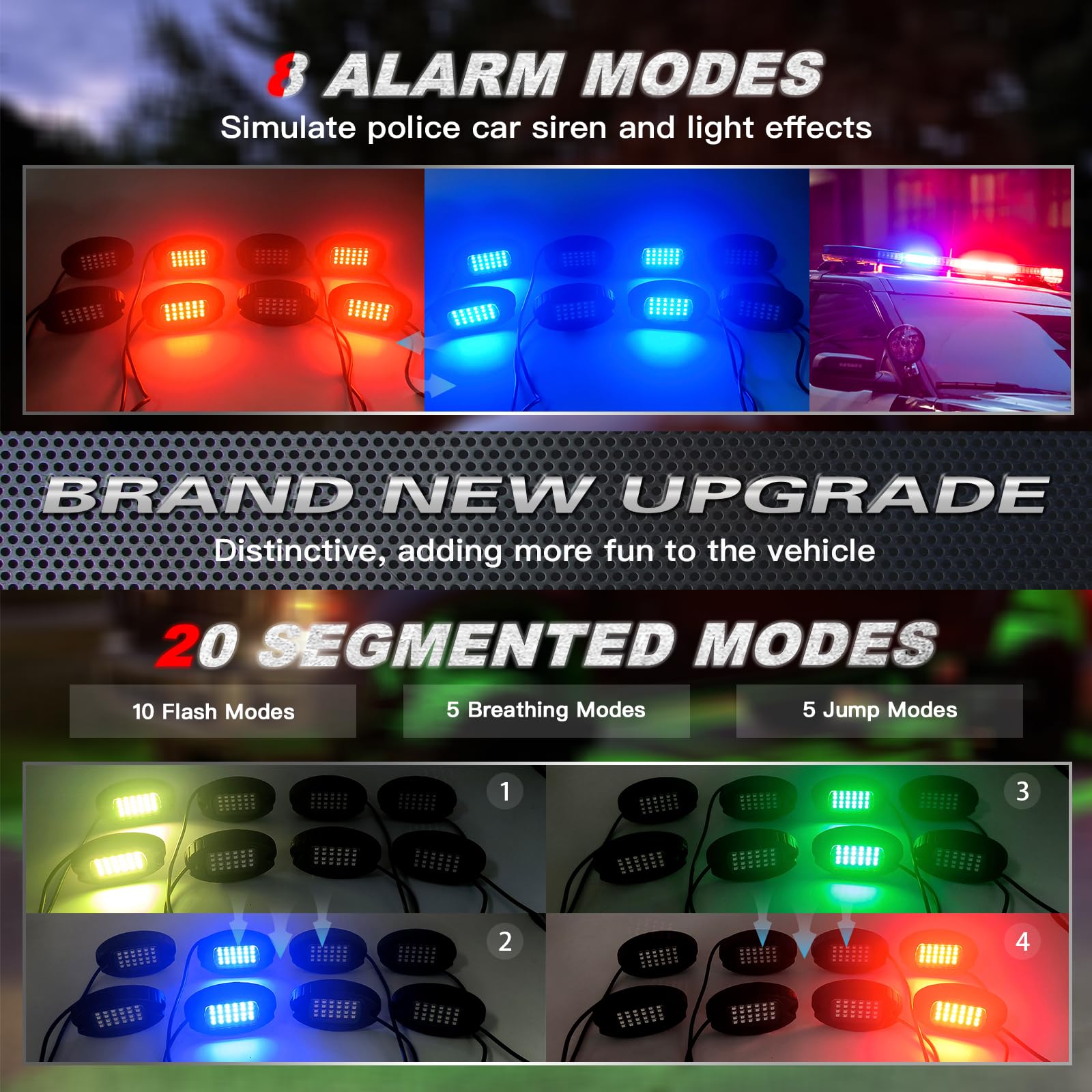 4Pods Upgraded Segmented Metal RGB LED Rock Lights Kit with APP & RF Remote Control - Waterproof Underglow Lights, 12V Multi-Color Underbody Lighting for Trucks, Jeep, ATV, UTV, Golf Cart, RZR, SXS - Perfect for Off-Road Adventures, Car Shows & Night Driving
