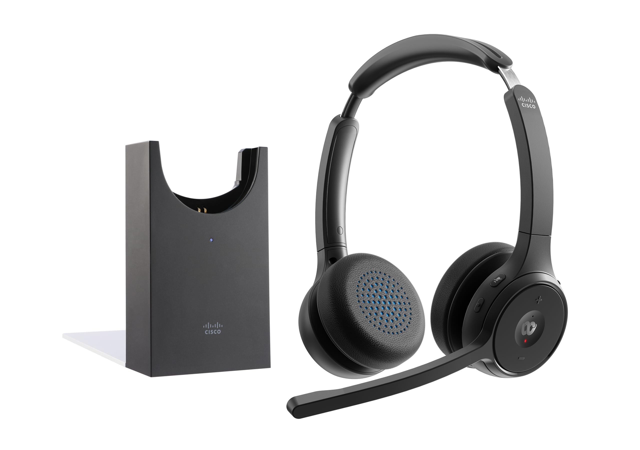 Cisco 722 Wireless Dual On-Ear Bluetooth Headphones with Webex Button - USB-A HD Bluetooth Adapter, Soft Case & Charging Stand - Carbon Black (HS-WL-722-BUNAS-C) - Ideal for Remote Work, Video Conferencing & Office Use