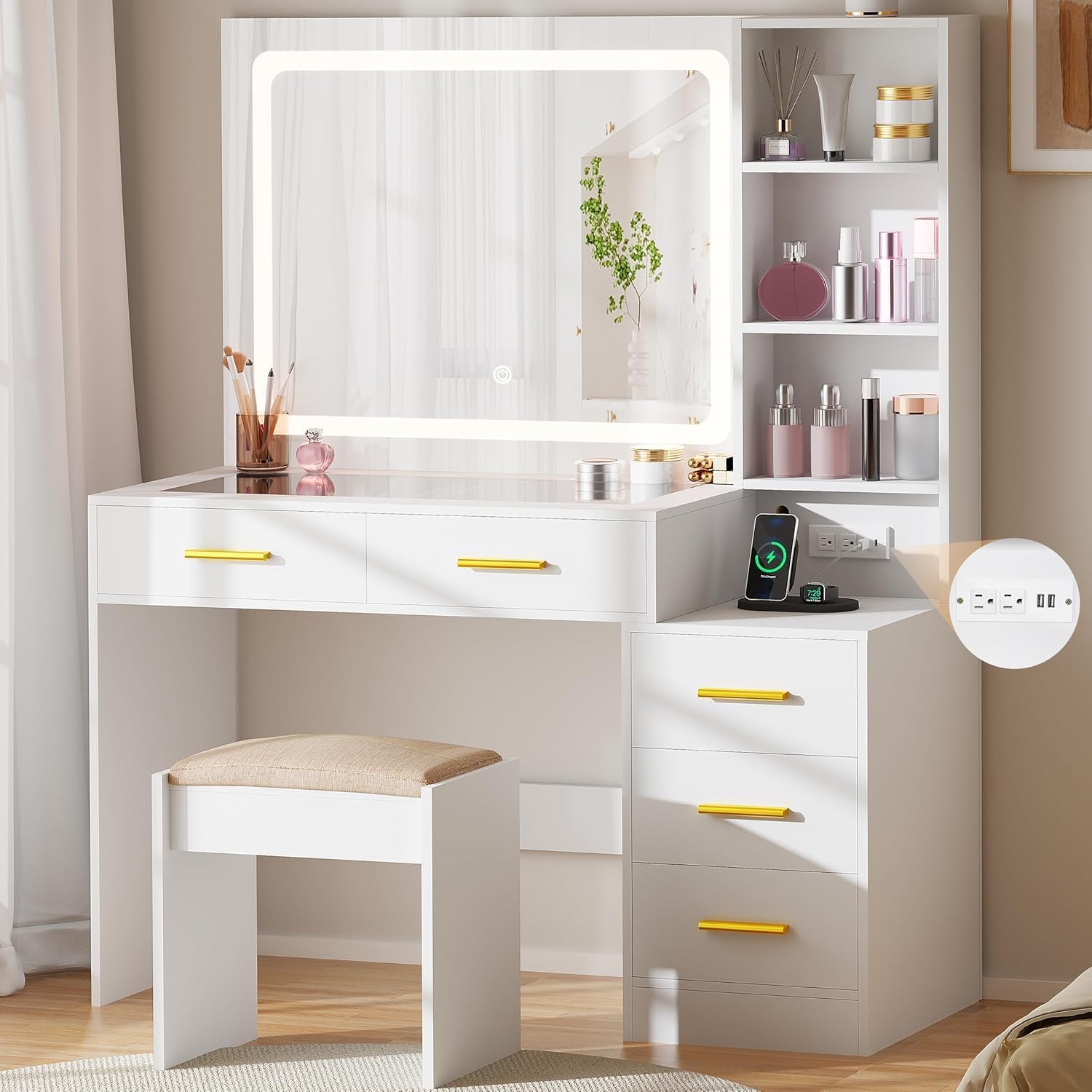 BEWISHOME White Makeup Vanity Desk with LED Lights, Mirror & Power Outlet - 5 Drawers Dressing Table with Glass Top, 3 Lighting Modes, Stool Included - Perfect for Bedroom, Girls Room & Beauty Salon Makeup Station