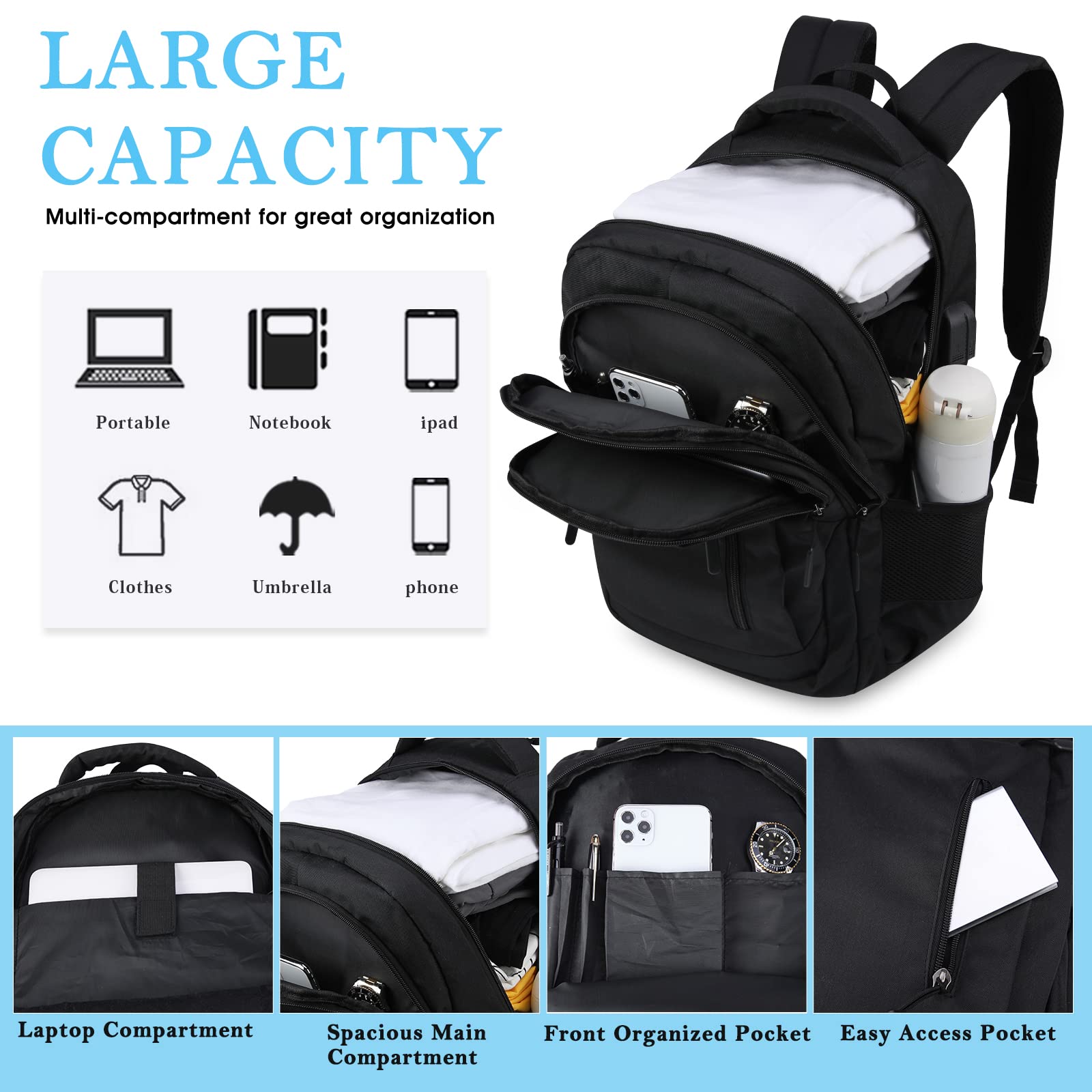 17.3 Inch Laptop Backpack with USB Charging Port - Waterproof Large Travel Backpack for Men & Women - Business, School & College Backpack - Perfect for Work, Commuting & Airplane Carry-On - Dark Black