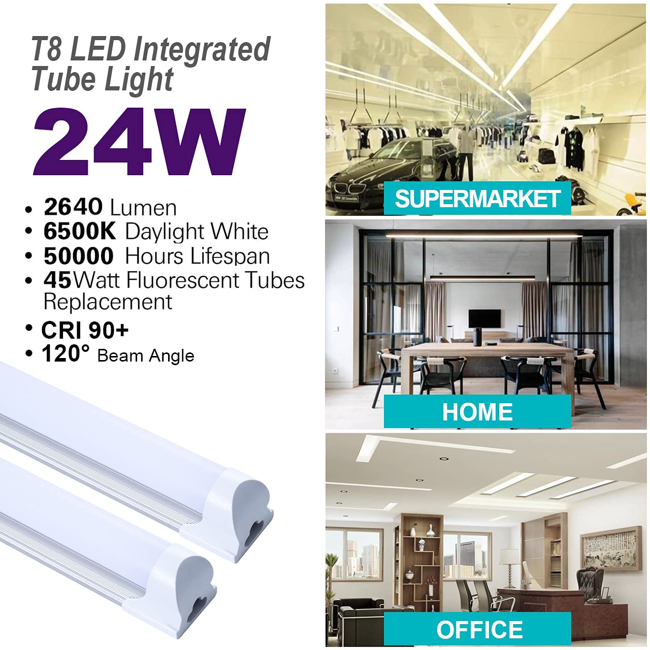 8 Pack 4FT LED Shop Light 24W T8 Integrated Tube Light with Milky Cover - 6000K Daylight White, ON/Off Switch Cable - Perfect for Household, Garage, Under Cabinet, Workshop, and Basement Lighting