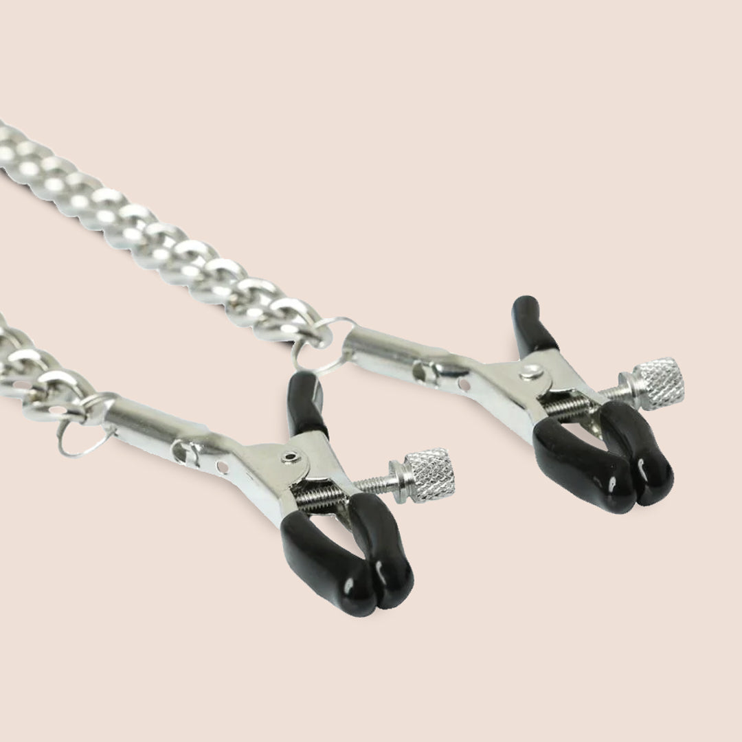 Sex & Mischief Adjustable Leather Collar with Nipple Clamps - BDSM Bondage Gear for Couples Play & Sensual Exploration