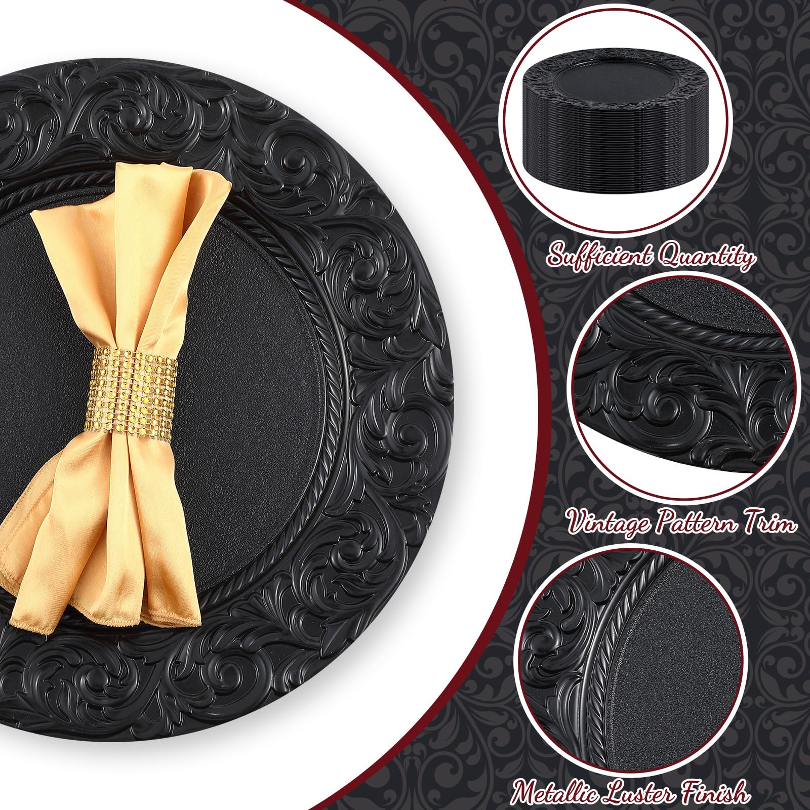 50 Pcs Antique Black Charger Plates - 13 Inch Embossed Rim Plastic Decorative Round Plates for Wedding, Dinner Party & Special Events - Elegant Table Setting Decorations for Formal Dining, Buffets and Holiday Celebrations