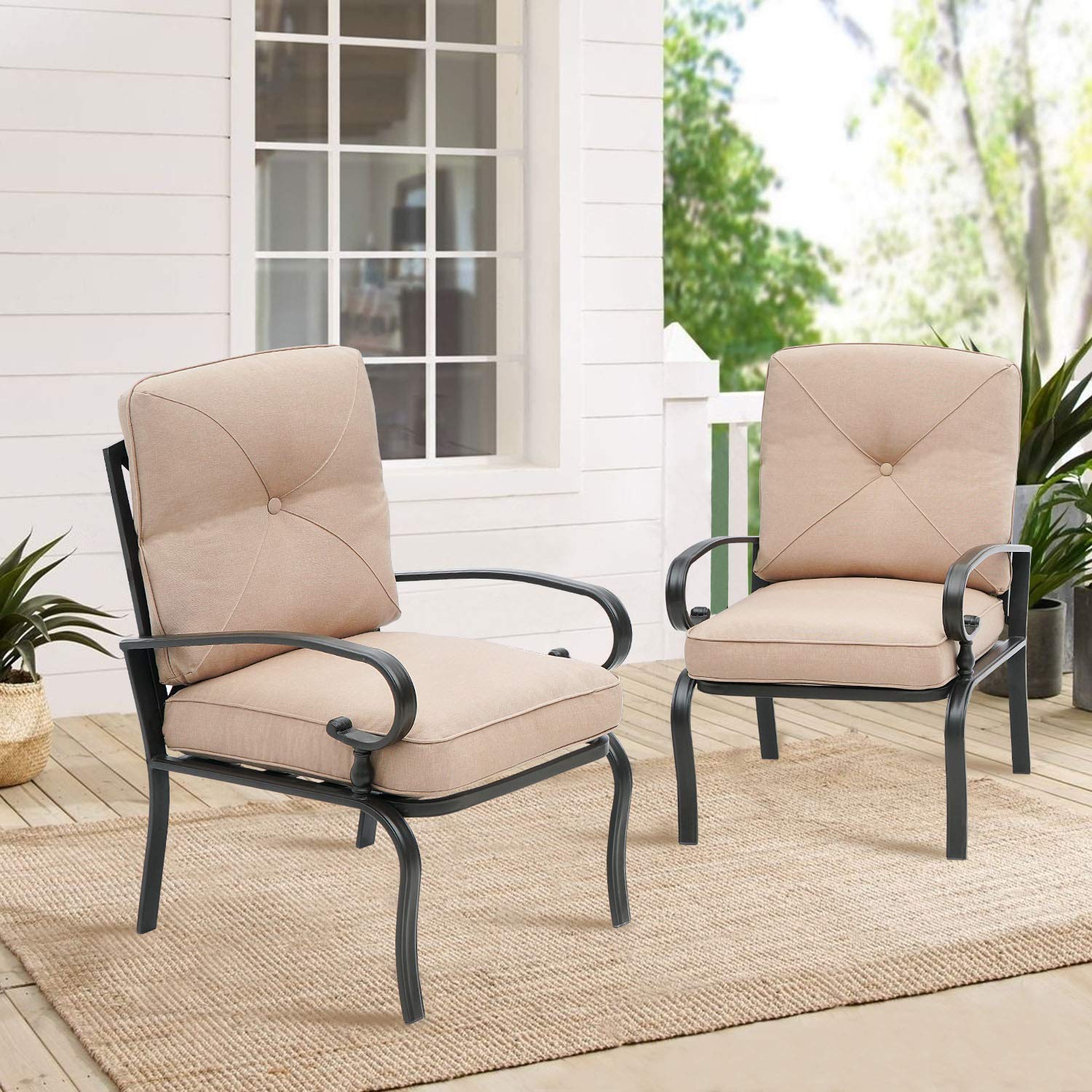 SOLAURA Outdoor Dining Chairs Set of 2 - Black Wrought Iron Bistro Chairs with Brown Cushions for Patio, Garden, Restaurant & Cafe Seating - Weather-Resistant Metal Patio Furniture