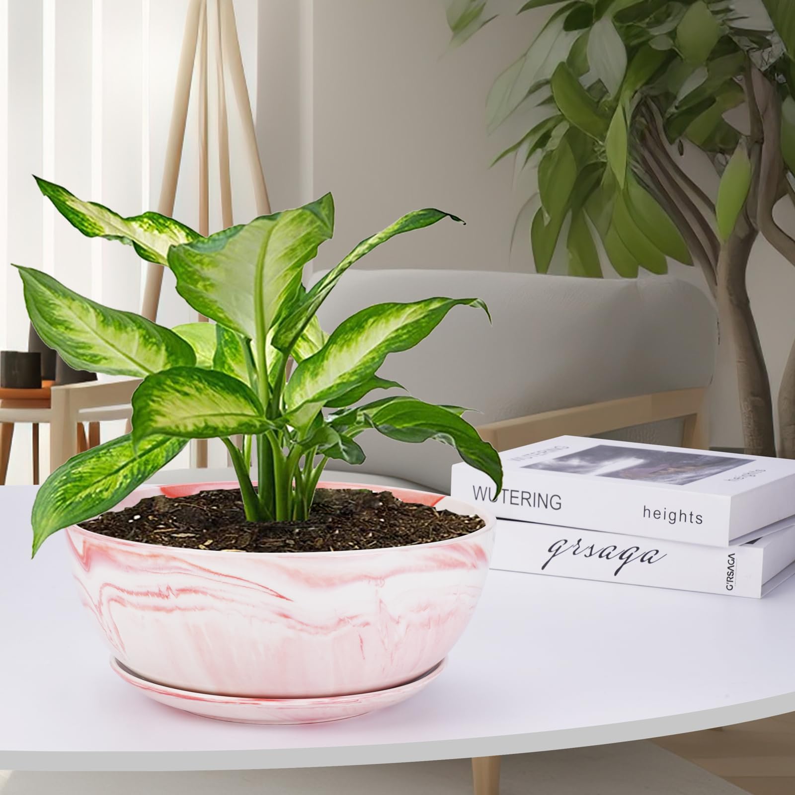 Large Ceramic Succulent Planter Pot with Drainage Hole & Saucer - Marble Flower Pot for Indoor/Outdoor Plants, Round Bonsai Planter in Pink - Perfect for Home Decor, Office Desk, Garden & Patio