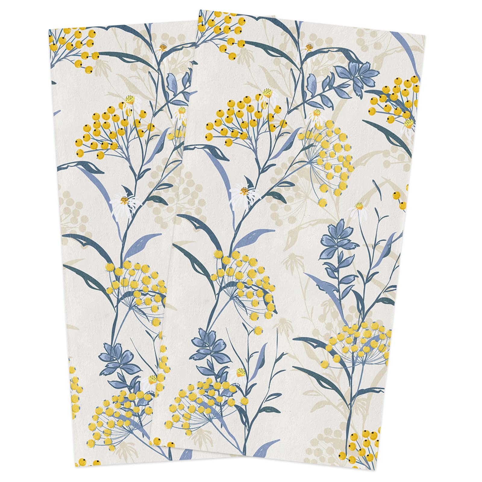 Vintage Floral Cotton Kitchen Towels Set of 2 - 16x28 Inch Soft Absorbent Dish Cloths, Tea Towels & Hand Towels in Yellow Blue Summer Flower Pattern - Perfect for Cooking, Baking, Dish Drying & Home Decor