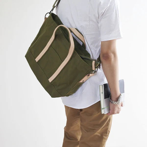 Kurashiki Hampu Canvas 2-Way Tote Shoulder Bag - Khaki Japanese Style Crossbody Purse for Women | Casual Outing, Travel & Work Commute