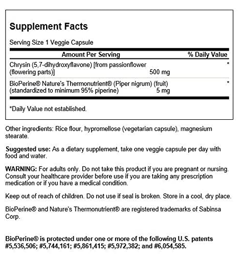 Swanson Chrysin Passionflower Extract - Herbal Supplement for Overall Health, Wellness & Fitness - Natural Formula Supports Lean Muscle Maintenance - 30 Veggie Capsules - Perfect for Post-Workout Recovery & Stress Relief