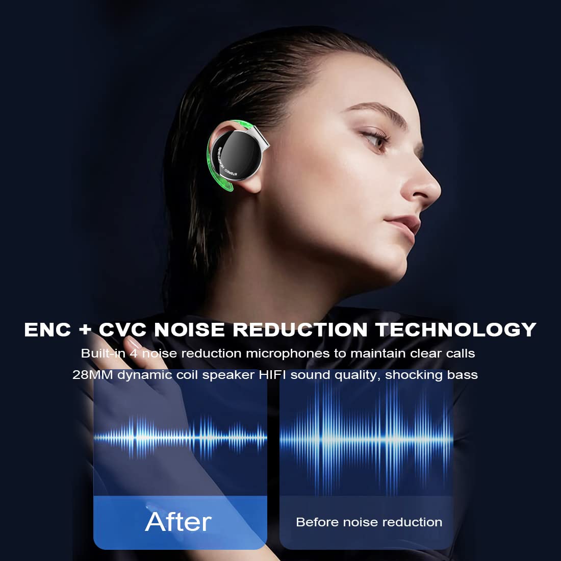 ZOUKAI Open Ear Bluetooth 5.3 Wireless Earbuds with Earhooks - 4 Mic Noise Cancelling Sports Headphones for Running, Gym & Office - Sweatproof Lightweight Headset for Workouts & Calls (Black, BT-X)