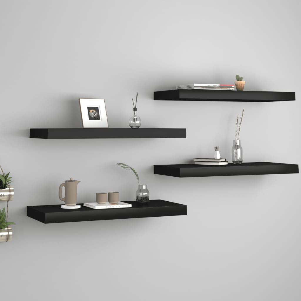 Modern Floating Wall Shelves Set of 4 - Black MDF Decorative Ledges 23.6