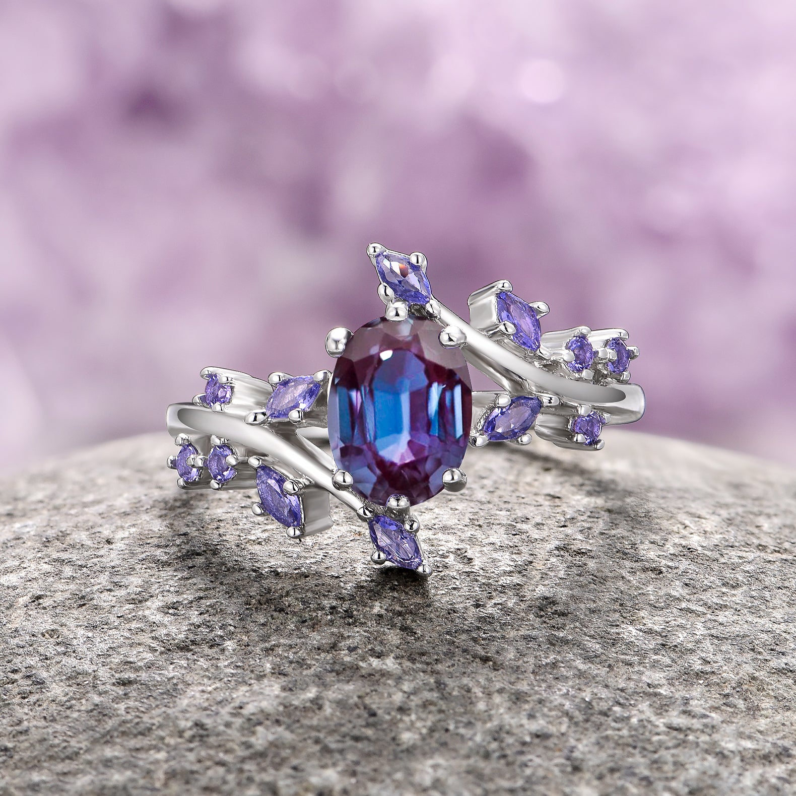 Alexandrite & Cornflower Sapphire Fairy Leaf Ring - Sterling Silver Jewelry for Women - Perfect for Weddings, Parties & Special Occasions