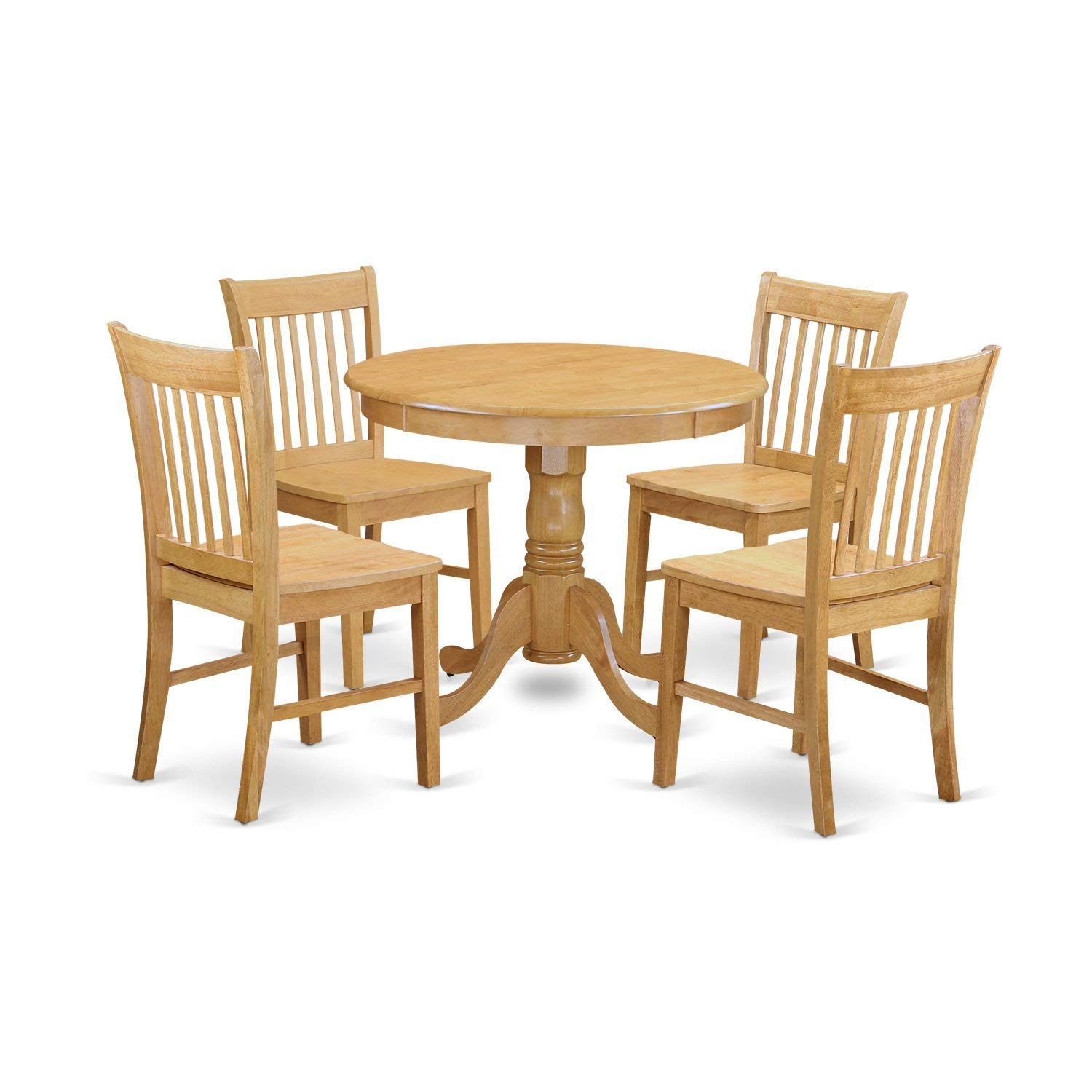 East West Furniture 5-Piece Oak Dining Room Set - 36x36 Inch Round Pedestal Table with 4 Wooden Chairs | Solid Oak Kitchen Furniture for Family Meals & Dinner Parties | Perfect for Small Spaces & Modern Homes