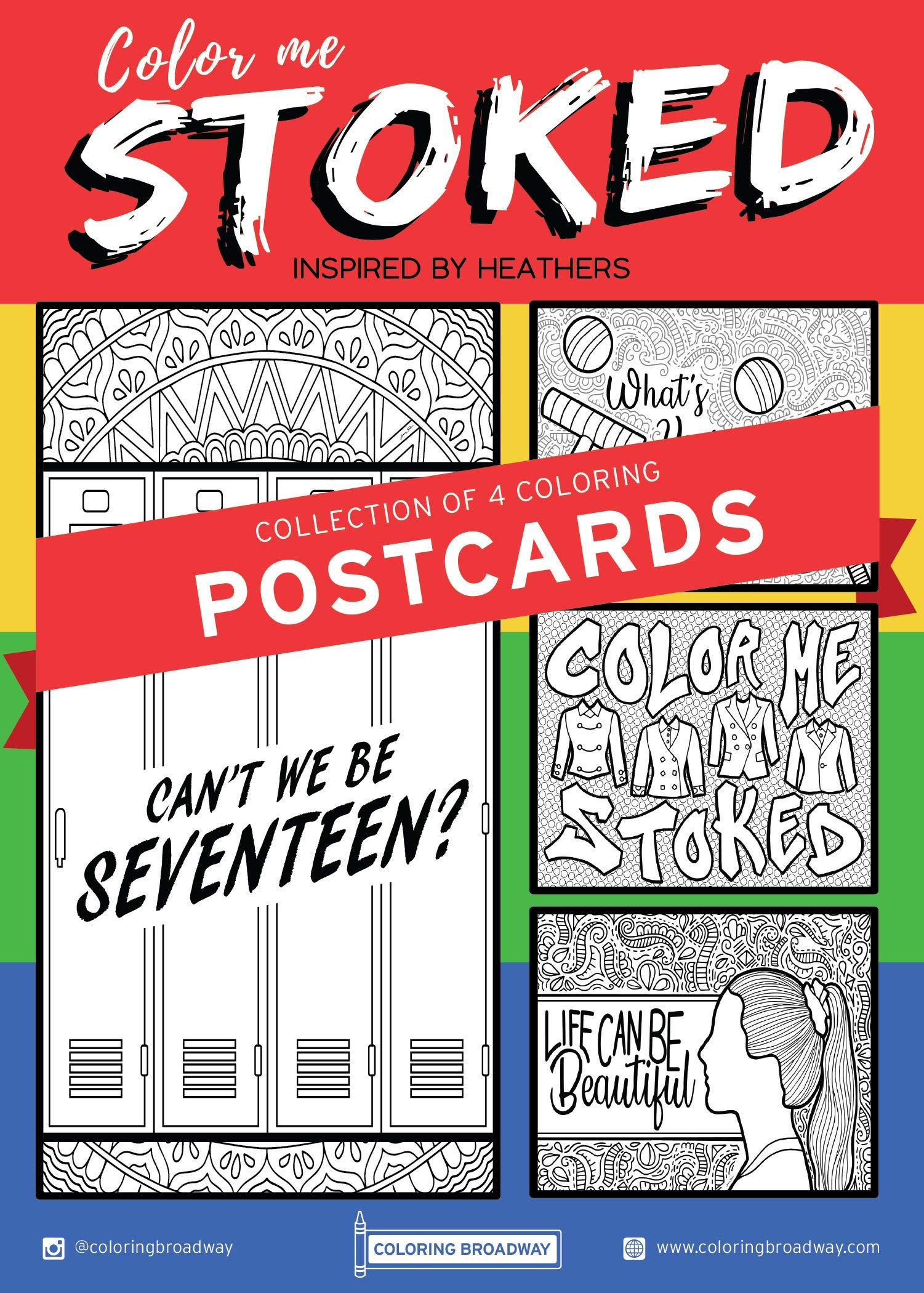 Heathers Broadway Musical Coloring Postcards - Set of 4 'Color Me Stoked' Collection | 5” x 7” Premium Card Stock | Perfect Gift for Theater Lovers | Relaxing Art Therapy for Broadway Fans