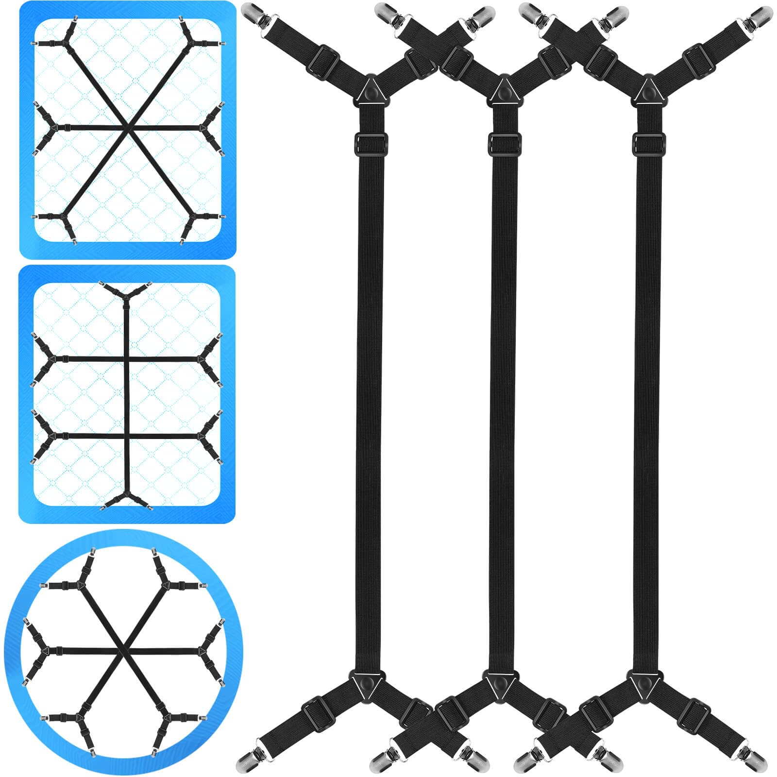 **Adjustable Bed Sheet Holder Straps - 3 Pack (12 Ways) | Crisscross Elastic Bands for Twin, Queen & King Mattresses | Secure Fitted Sheets in Place | Perfect for Hotels, Dorms & Home Use**