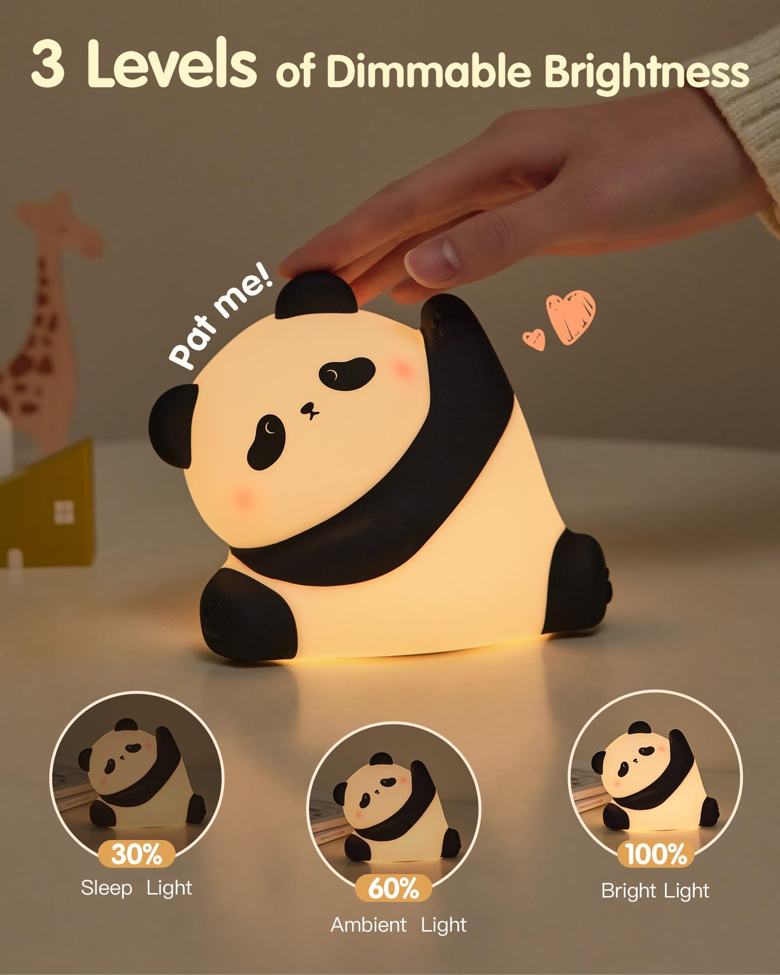 **Rechargeable Panda Night Light - 3-Level Dimmable LED Nursery Lamp, Soft Food-Grade Silicone, Cute Touch Control for Baby Kids Room, Breastfeeding & Toddler Sleep Aid - Perfect Gift & Decor**    *(Ideal for nurseries, kids' bedrooms, breastfeeding sessions, and cozy night-time ambiance.)*