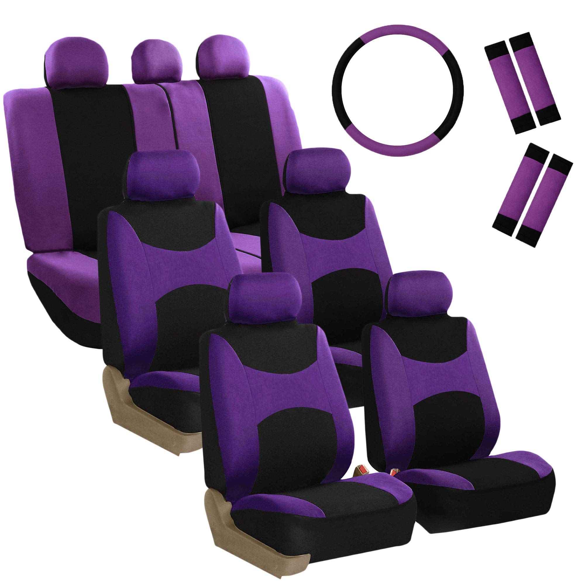FH Group Light & Breezy Cloth Car Seat Covers - 7 Seater 3-Row Universal Fit for Cars, Trucks & SUVs | Airbag & Split Bench Compatible | Purple & Black | Perfect for Road Trips & Family Protection