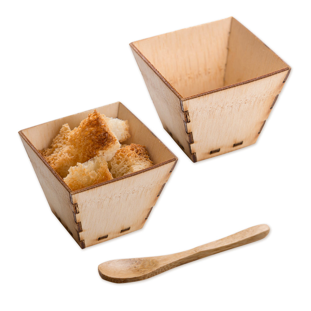 100 Pack 2 oz Square Natural Bamboo Mini Kova Cups with 100 Natural Bamboo 3.5