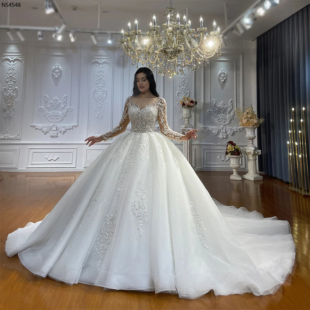 Elegant Long Sleeve Ball Gown Wedding Dress - A-Line Lace Bridal Gown for Bride (White, Ivory) | Perfect for Church Ceremony, Formal Wedding & Prom Night