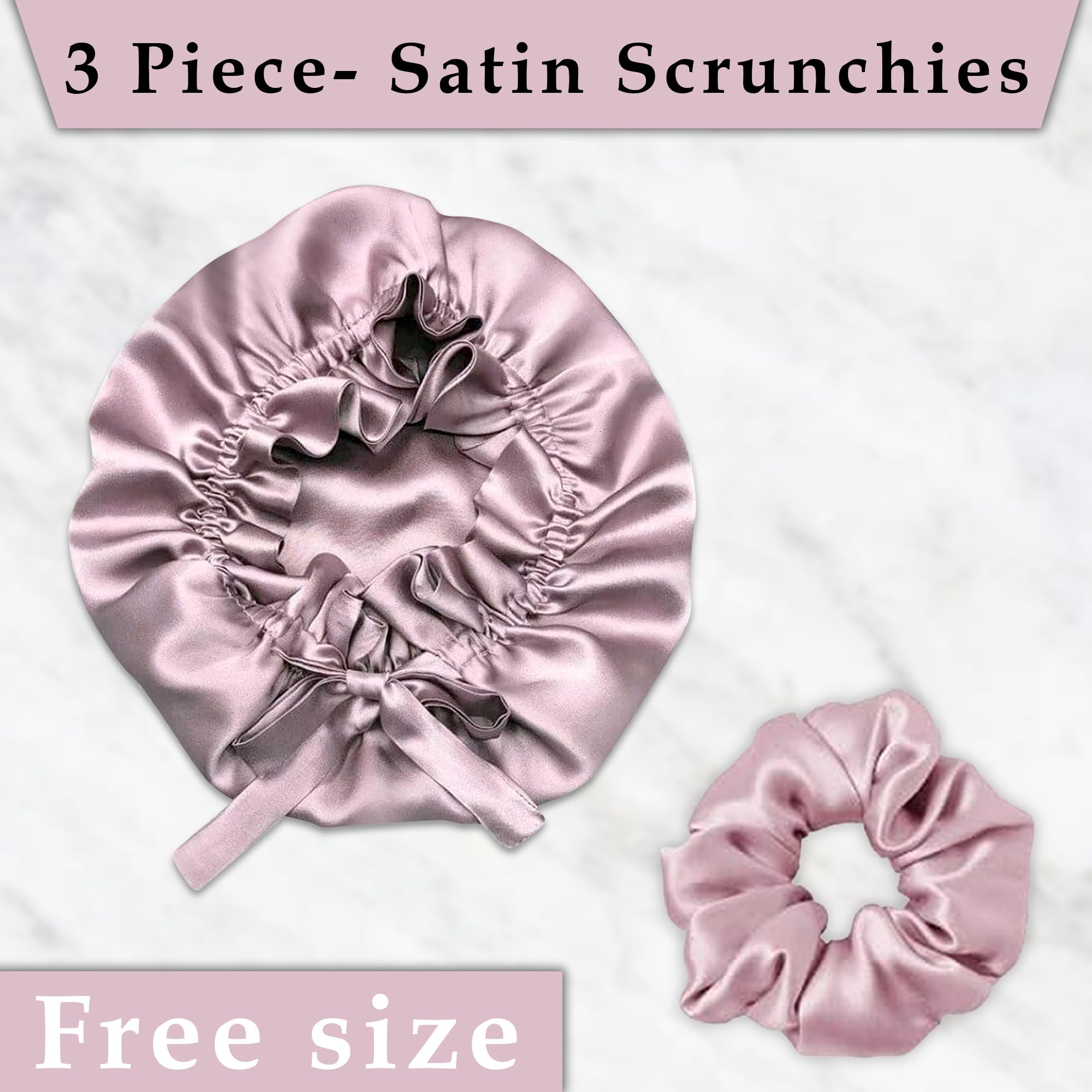 GLUN® Satin Rose Bonnet Hair Protector with 3 Scrunchies - Soft Sleep Cap for Frizz Control, Moisture Retention & Hair Breakage Prevention - Ideal for Curly, Natural & Protective Hairstyles - Perfect for Nighttime, Travel & Salon Visits