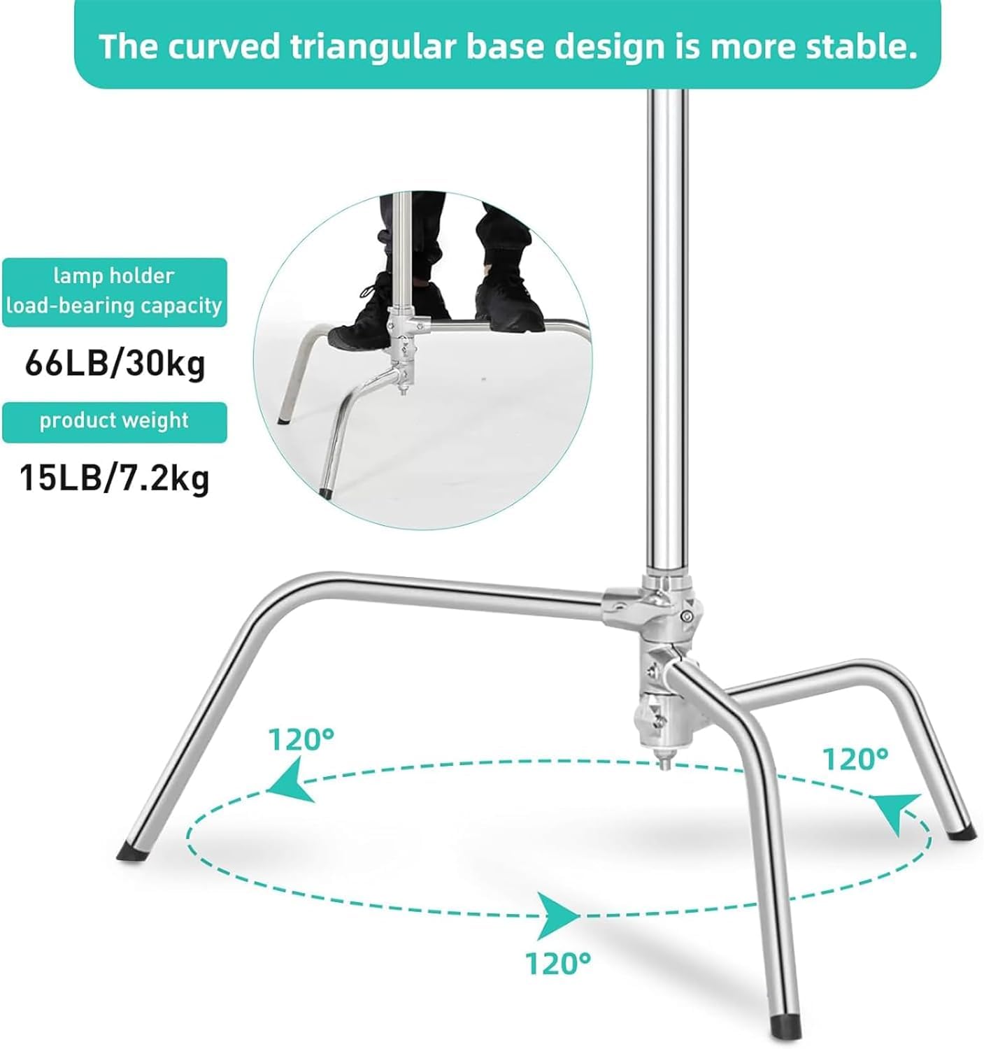 Heavy Duty C Stand with Boom Arm for Photography - 10.8ft/330cm Max Height, 4.2ft/127cm Holding Arm, Silver Stainless Steel Light Stand | Perfect for Studio Lighting, Video Production & Portrait Photography