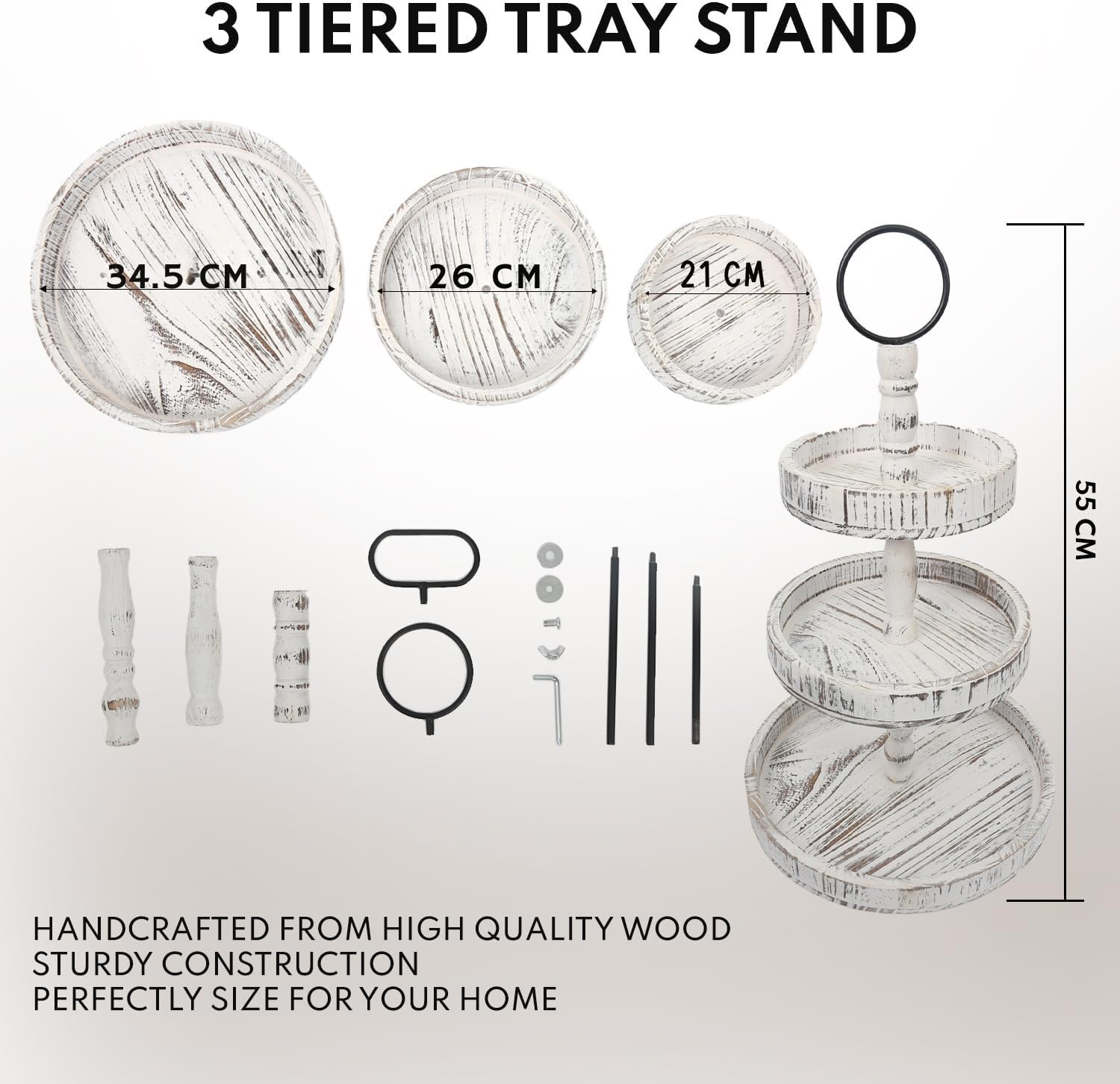 Farmhouse Style 3-Tier Adjustable Serving Tray Stand - White Decorative Tiered Tray for Cupcakes, Cake Pops & Desserts - Perfect for Thanksgiving, Christmas & Holiday Parties, Kitchen Display & Home Decor