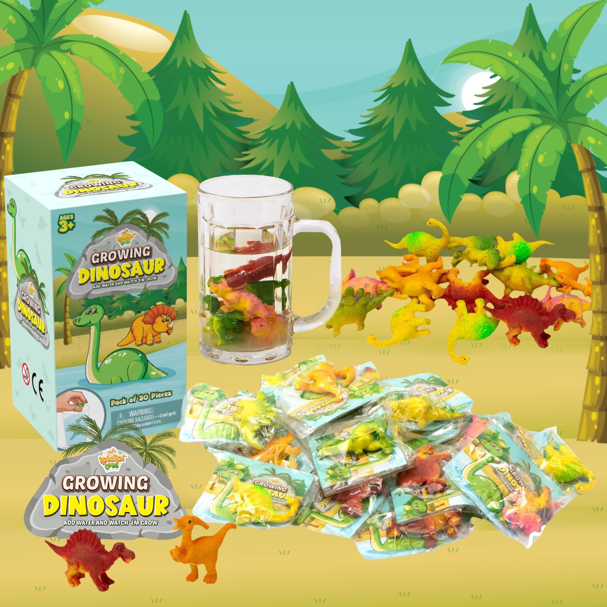 IPIDIPI Water Growing Dinosaur Toys for Kids - 30 Pack Multicolor Expanding Dino Eggs for Easter Basket Fillers, Birthday Party Favors, Stocking Stuffers & Classroom Rewards | STEM Science Experiment & Bath Time Fun