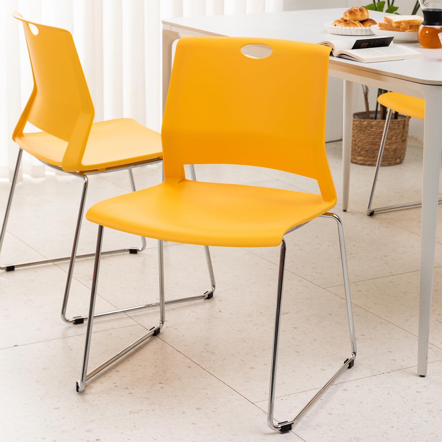 FULONG 4-Pack Stacking Chairs - Heavy Duty Stackable Metal Frame Waiting Room Chairs, Armless Reception Chairs for Office, School, Home, Restaurant (Yellow) - Perfect for Space-Saving Seating in Classrooms, Events & Compact Areas