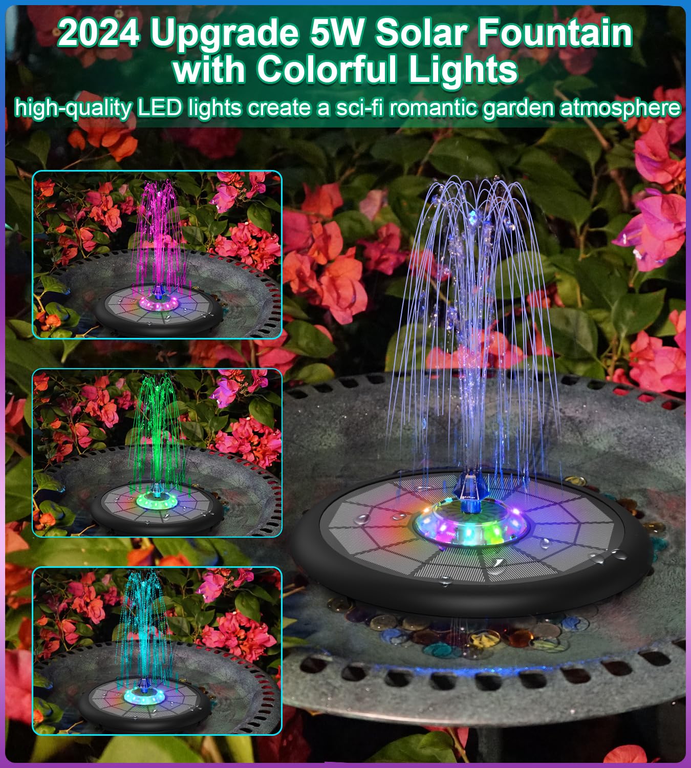 2024 Upgraded SZMP Solar Fountain Pump with 4000mAh Battery & UFO Lights - 5W Solar Powered Bird Bath Fountain with 7 Nozzles & 4 Fixers - Perfect for Garden, Pond, Pool Decor & Outdoor Water Features (Ideal for Backyard, Patio, and Bird Watching Areas)
